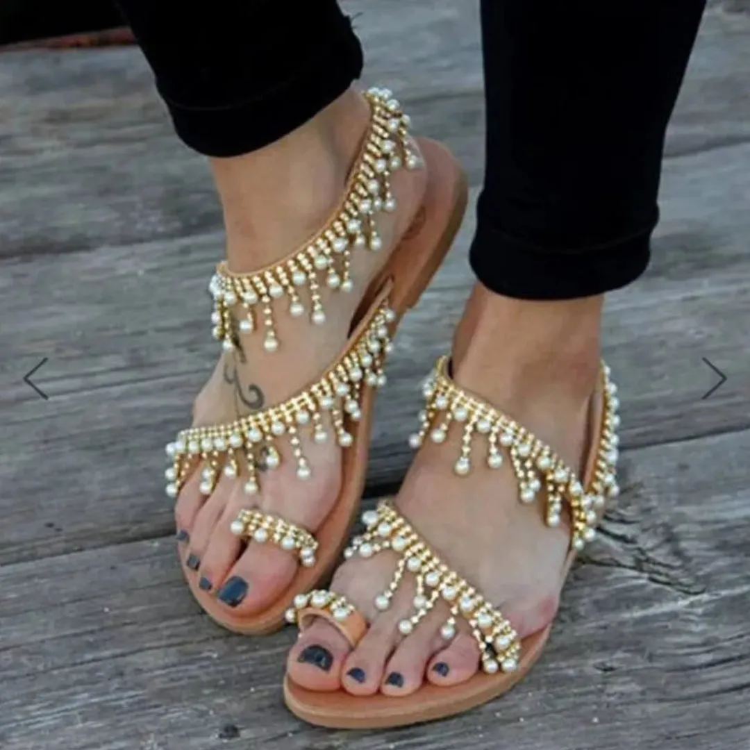 Abigail Toe Loop Beaded Fringe Strap Sandals Versatile use Simple Entry
