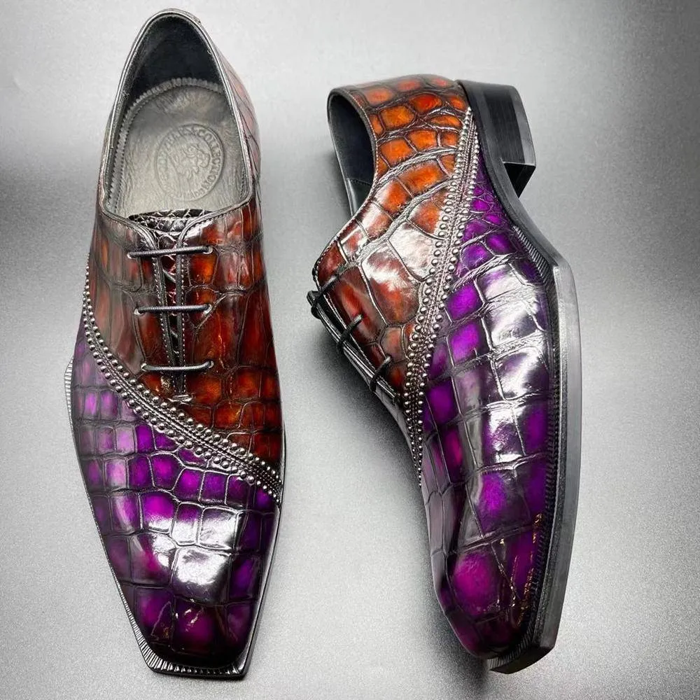 Crocodile Shoes Genuine Crocodile Leather Mens Lace up Dress Shoes Hand Painted Vintage Brown/ Purple Anti Skid Scent Path