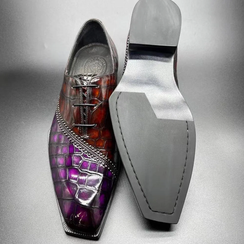Crocodile Shoes Genuine Crocodile Leather Mens Lace up Dress Shoes Hand Painted Vintage Brown/ Purple Lace Touch