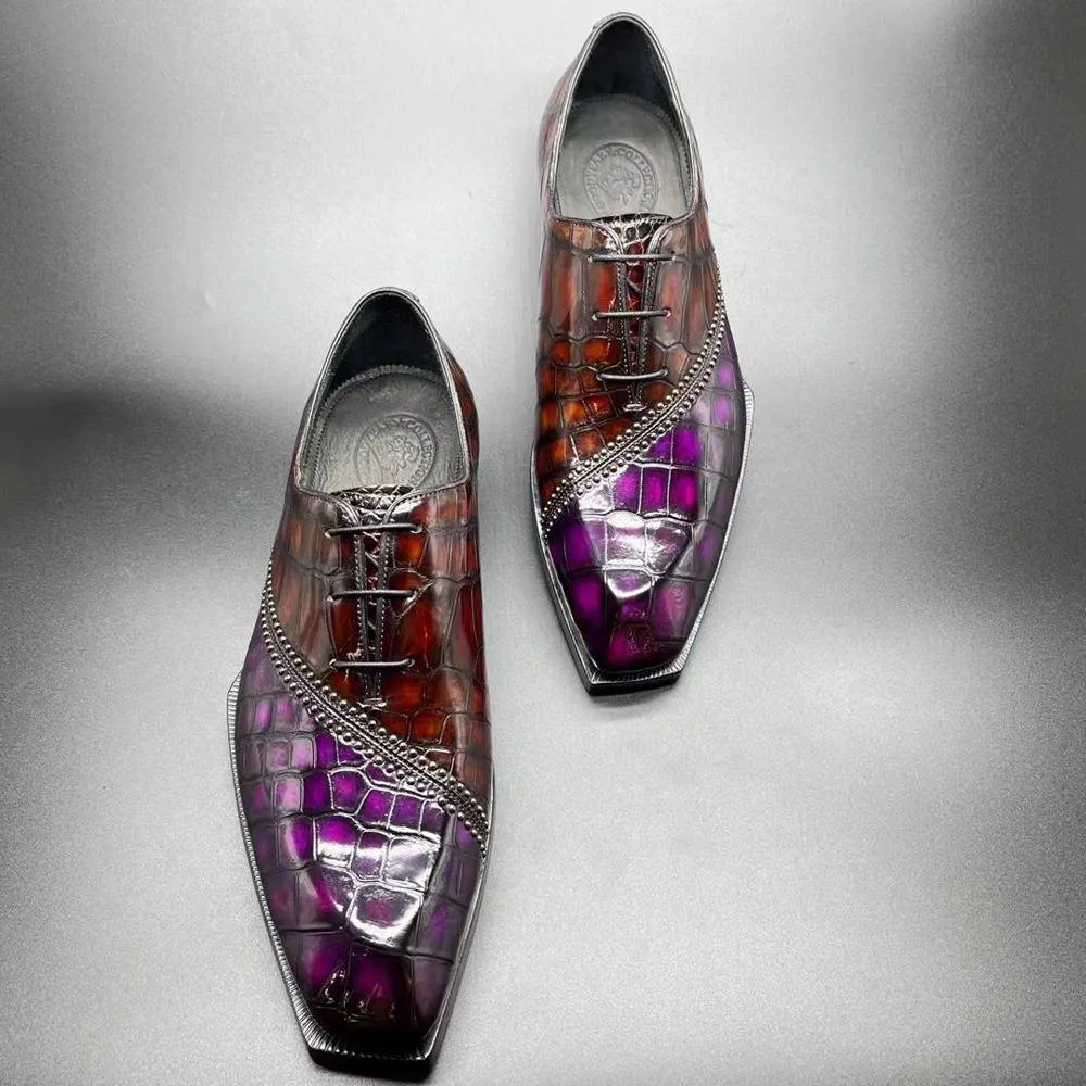 Easy Slip Crocodile Shoes Genuine Crocodile Leather Mens Lace up Dress Shoes Hand Painted Vintage Brown/ Purple