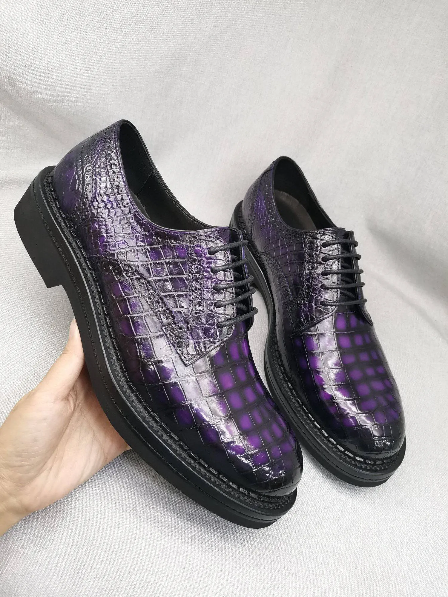 Crocodile Shoes Mens Genuine Crocodile Leather Derby Lace Up Dress Shoe Vintage Purple ergonomic