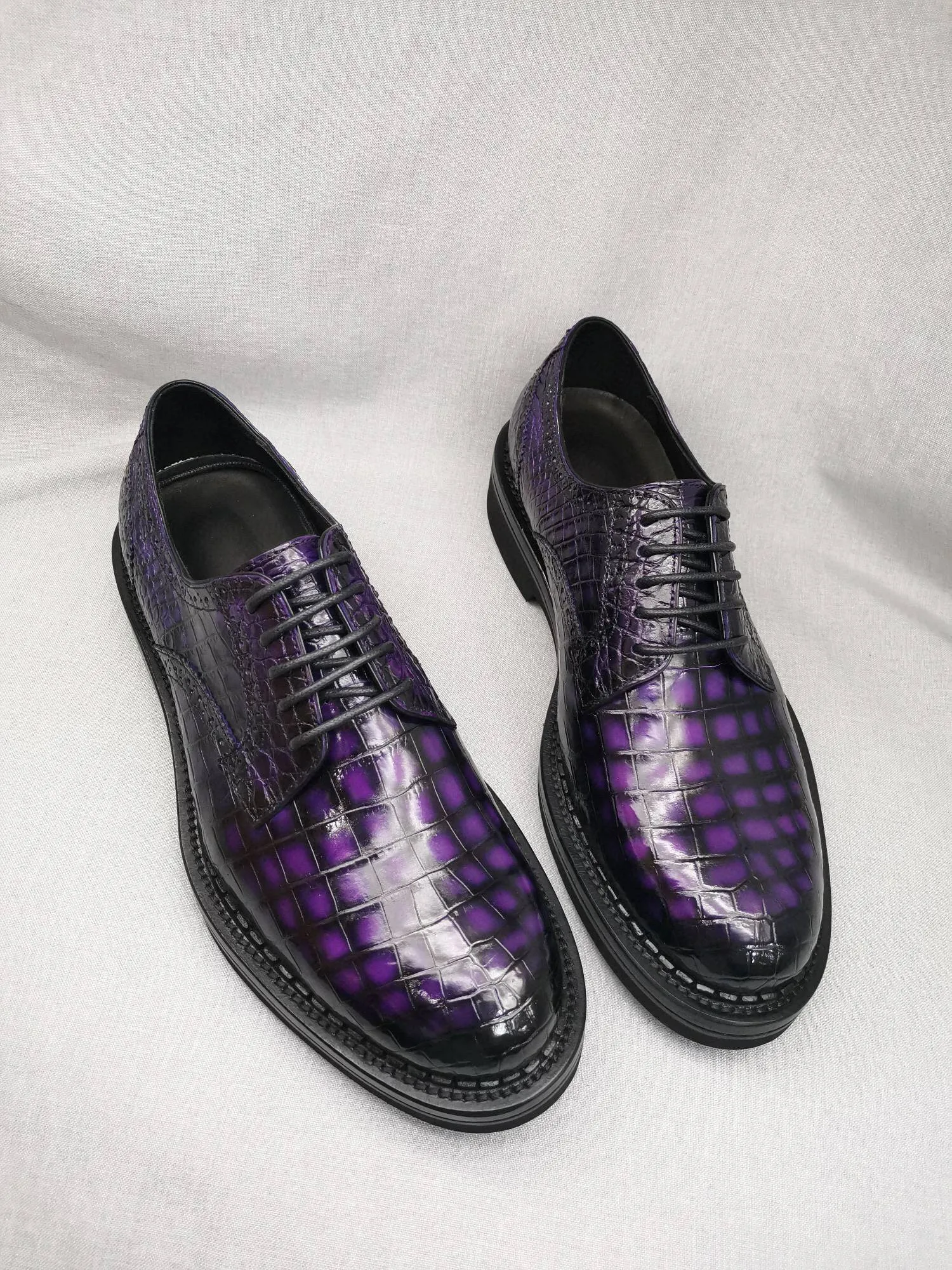 Adjustable Sole Crocodile Shoes Mens Genuine Crocodile Leather Derby Lace Up Dress Shoe Vintage Purple