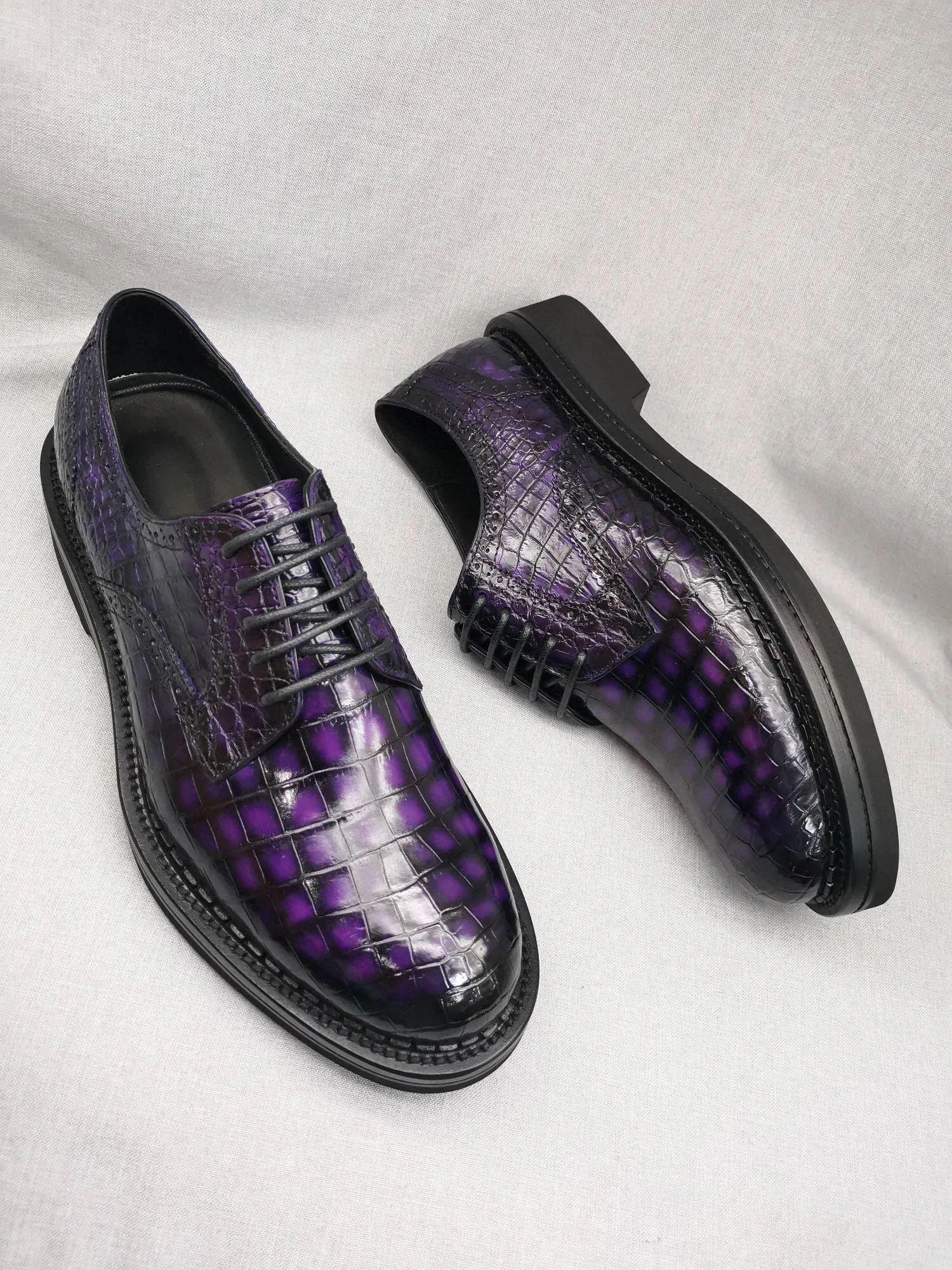 Crocodile Shoes Mens Genuine Crocodile Leather Derby Lace Up Dress Shoe Vintage Purple Breathable feature durable shoes