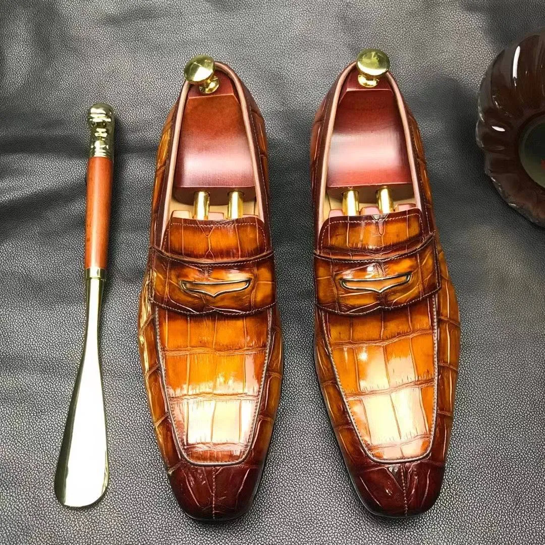 Crocodile Shoes Men's  Crocodile Leather Loafer Slip-On Penny Shoes Fashionable Sole Stable base