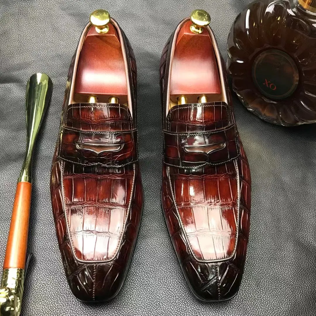 Sun Set Cozy Padding Crocodile Shoes Men's  Crocodile Leather Loafer Slip-On Penny Shoes