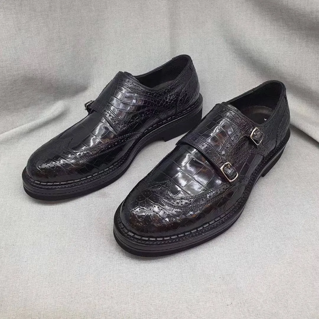 Wedding Mood Flight Safe Crocodile Shoes Men's Crocodile Leather Brogue Lace-Up Shoes Black