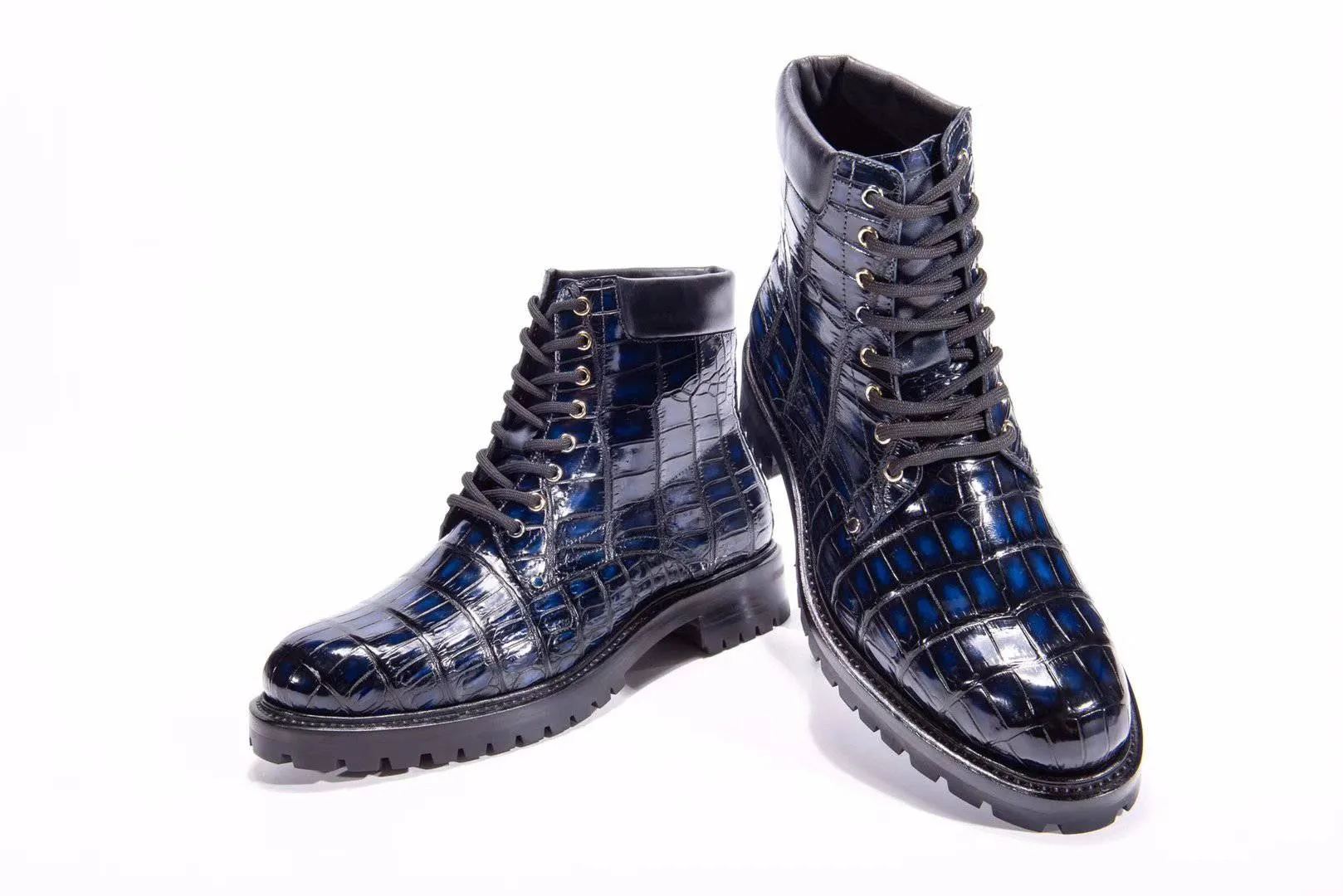 Everyday Comfort Fashion Forward Design Crocodile Shoes Mens Boots Genuine Crocodile Skin Leather High-top Lace Up  Anti-Slip Boot Vintage Blue