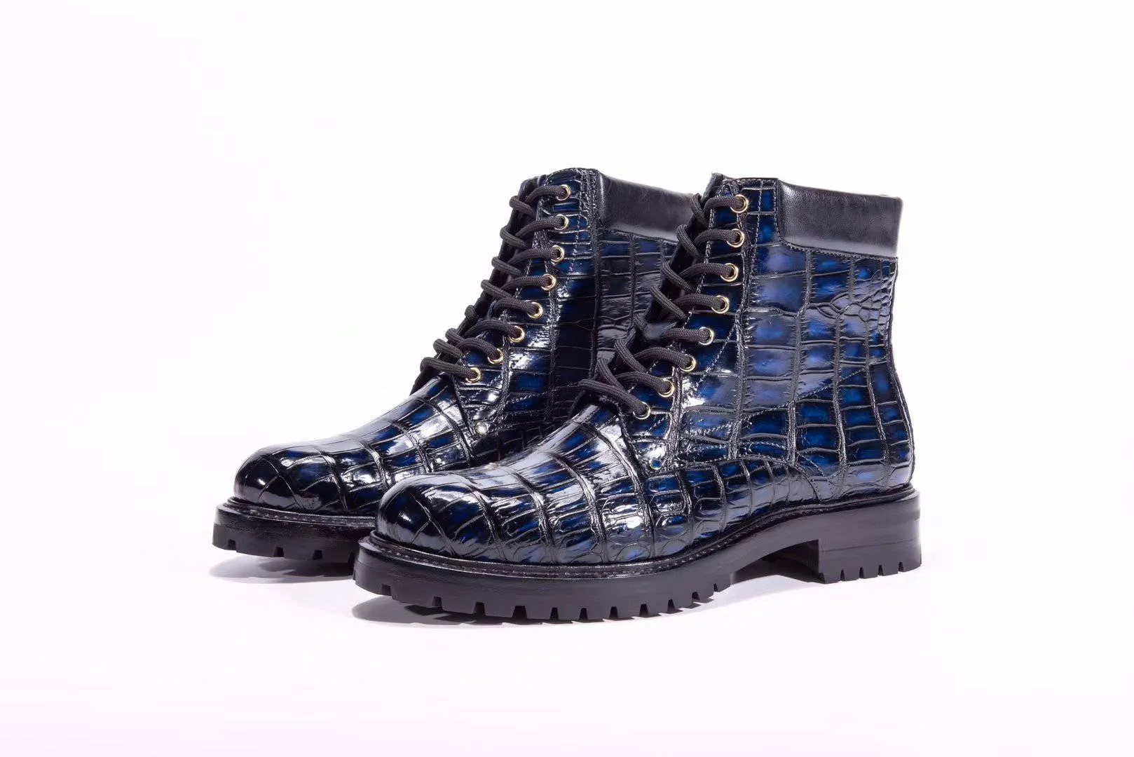 Crocodile Shoes Mens Boots Genuine Crocodile Skin Leather High-top Lace Up  Anti-Slip Boot Vintage Blue color block