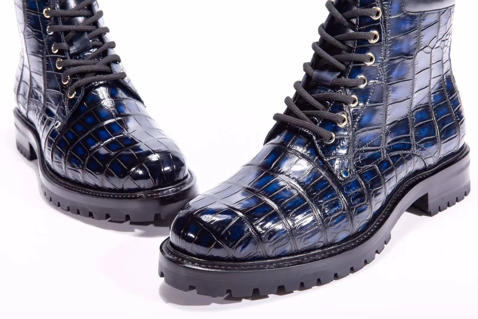 Mesh Layer Stone Walk Crocodile Shoes Mens Boots Genuine Crocodile Skin Leather High-top Lace Up  Anti-Slip Boot Vintage Blue