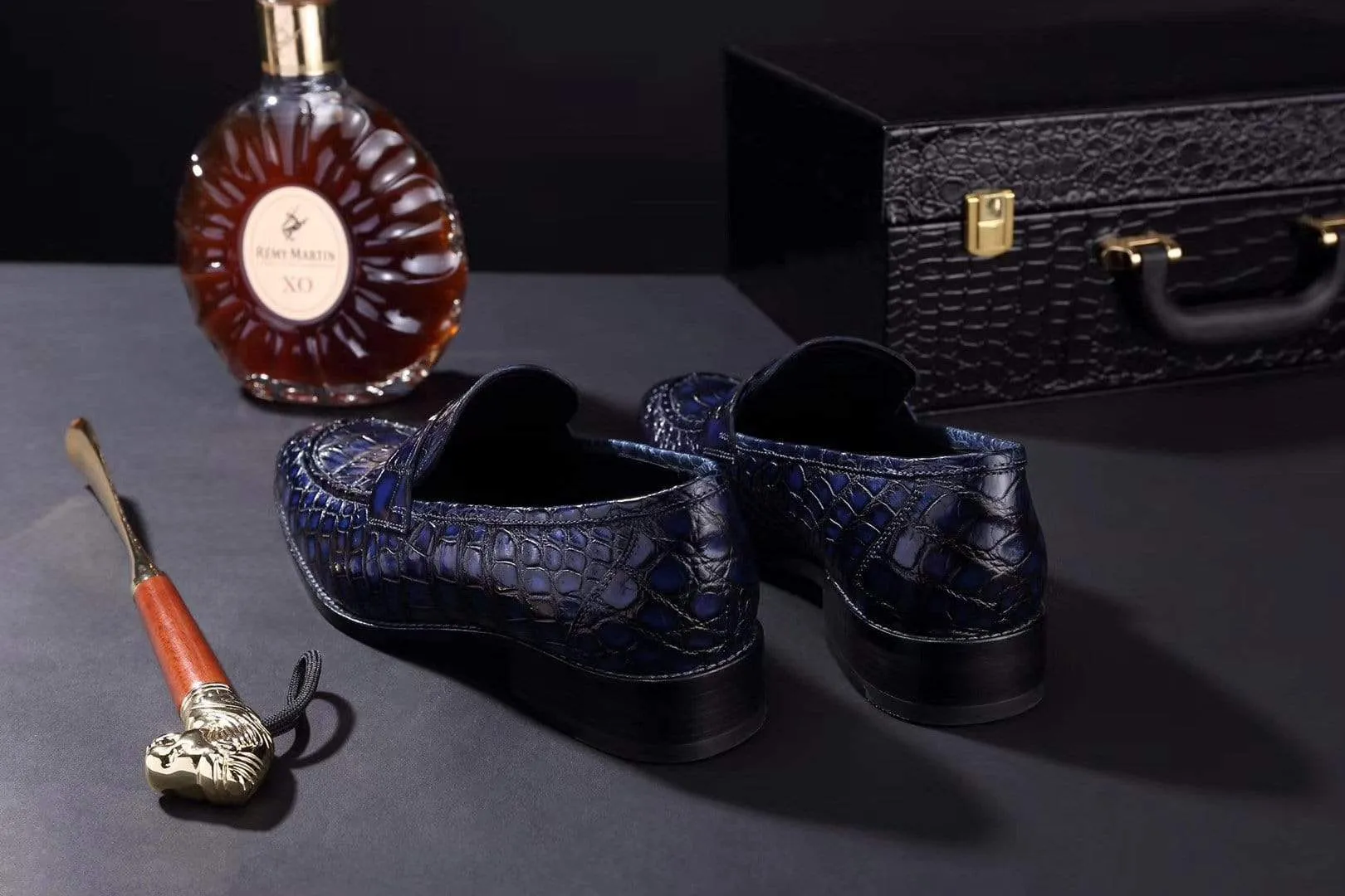 Crocodile Shoes Mens Crocodile Leather Penny Loafer Shoes Vintage Blue breath easy Drink Night