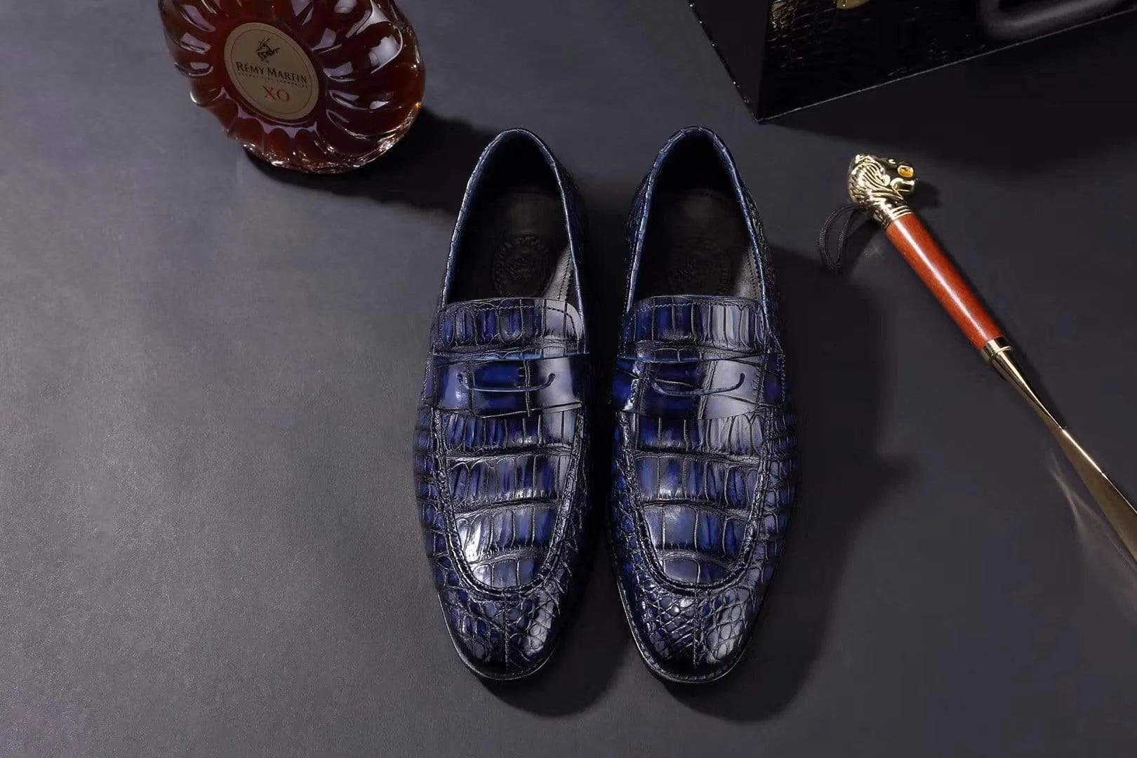 Pollen Air breath easy Crocodile Shoes Mens Crocodile Leather Penny Loafer Shoes Vintage Blue