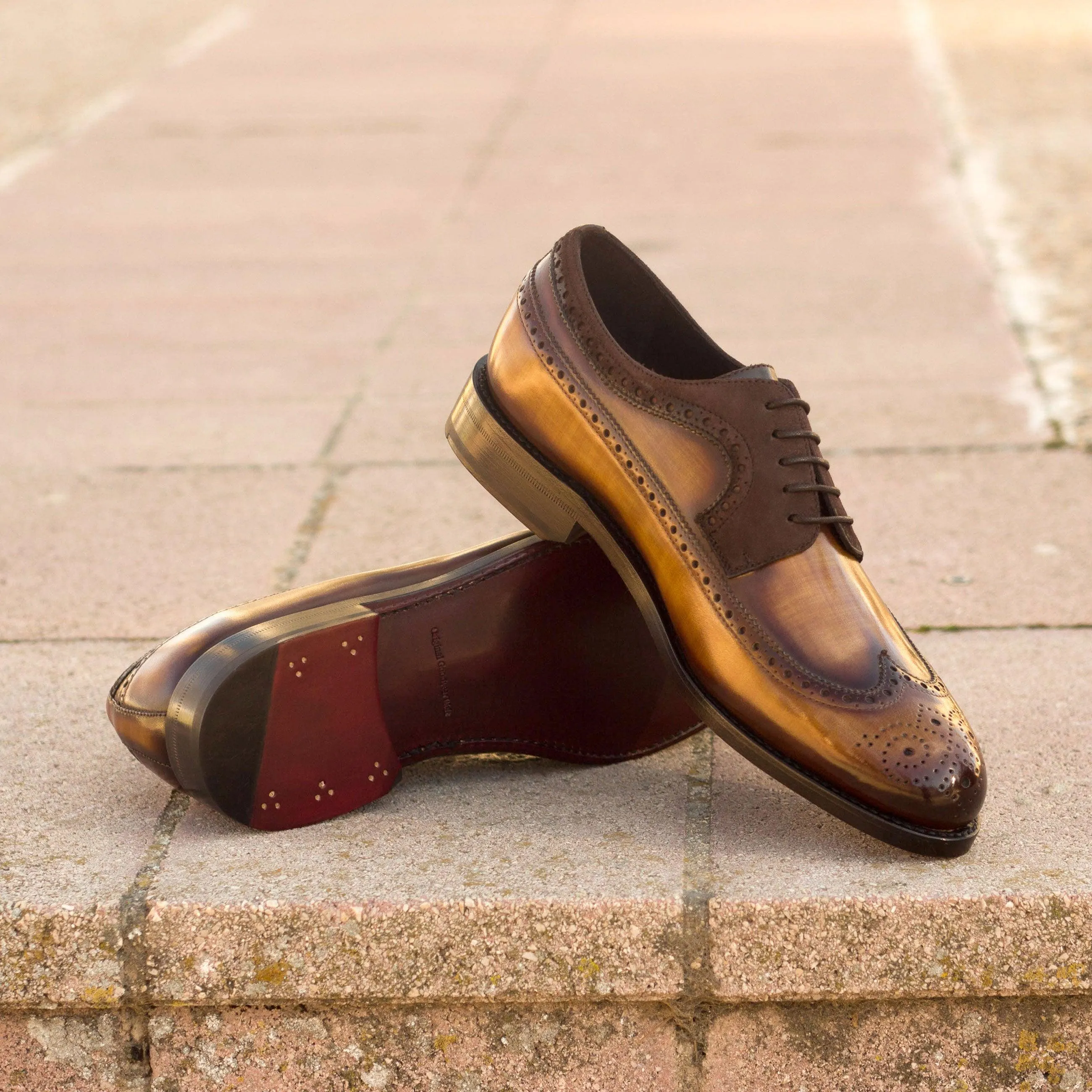 Cognac Patina Leather & Brown Suede Longwing Blucher Light Arch Perforated Detail