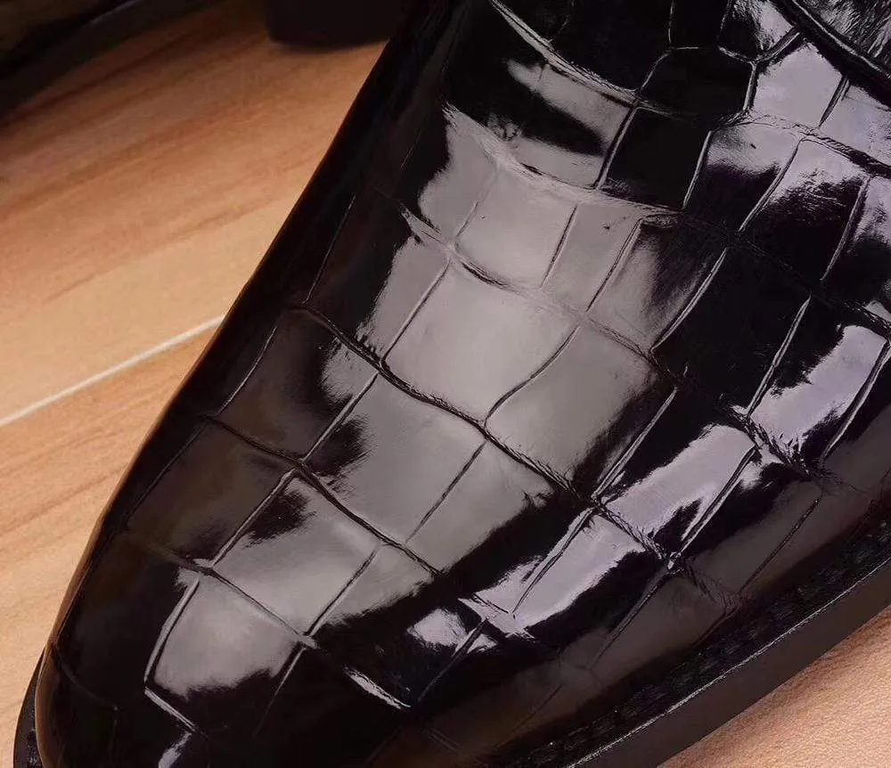 Crocodile Shoes Mens Crocodile  Leather Black Monk Shoes Slip on Smart Loafer Harbor Glow