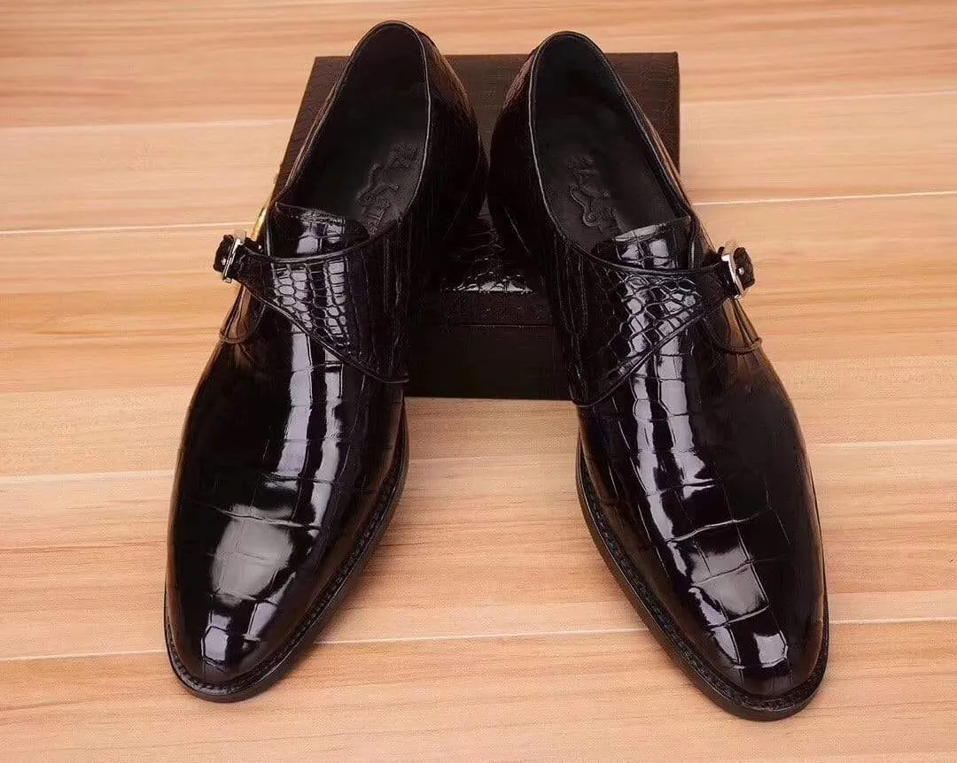 Crocodile Shoes Mens Crocodile  Leather Black Monk Shoes Slip on Smart Loafer Model Look