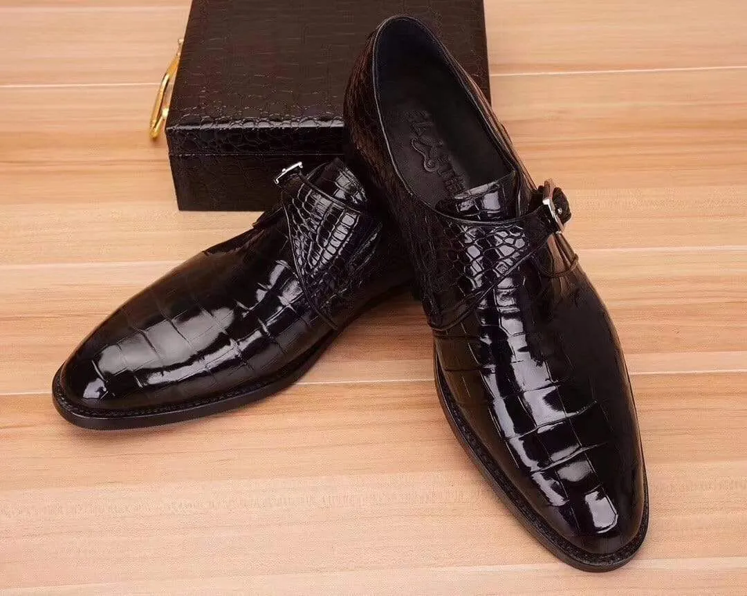 Crocodile Shoes Mens Crocodile  Leather Black Monk Shoes Slip on Smart Loafer Music Mood