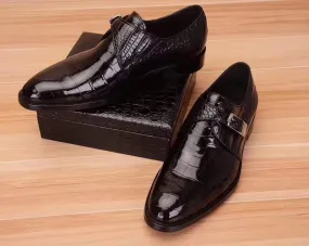 Versatile Wear Simple Step Crocodile Shoes Mens Crocodile  Leather Black Monk Shoes Slip on Smart Loafer