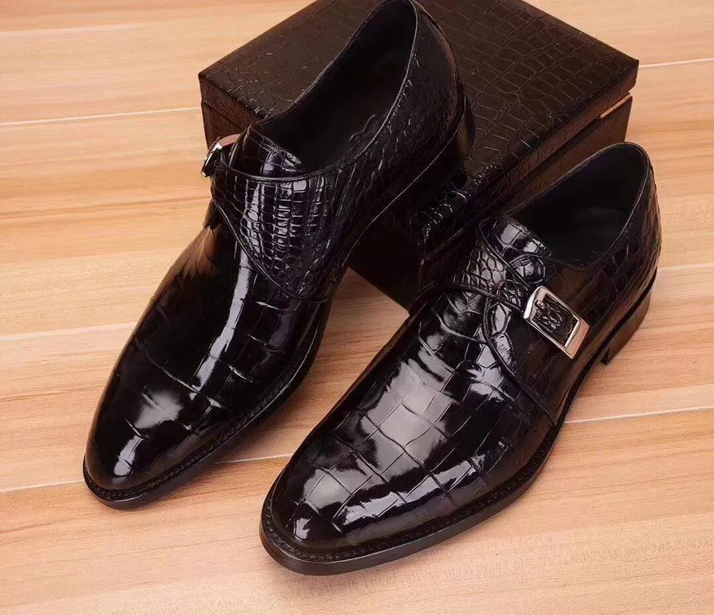 Crocodile Shoes Mens Crocodile  Leather Black Monk Shoes Slip on Smart Loafer Flexible