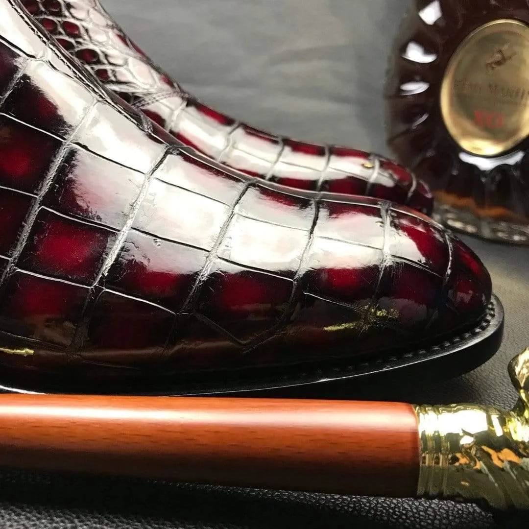 Crocodile Shoes Handmade Mens Vintage Chelsea Alligator Leather Boots ,Men Fashion Side Zipper Boot Men Boots Supportive Cushion Everyday Slip