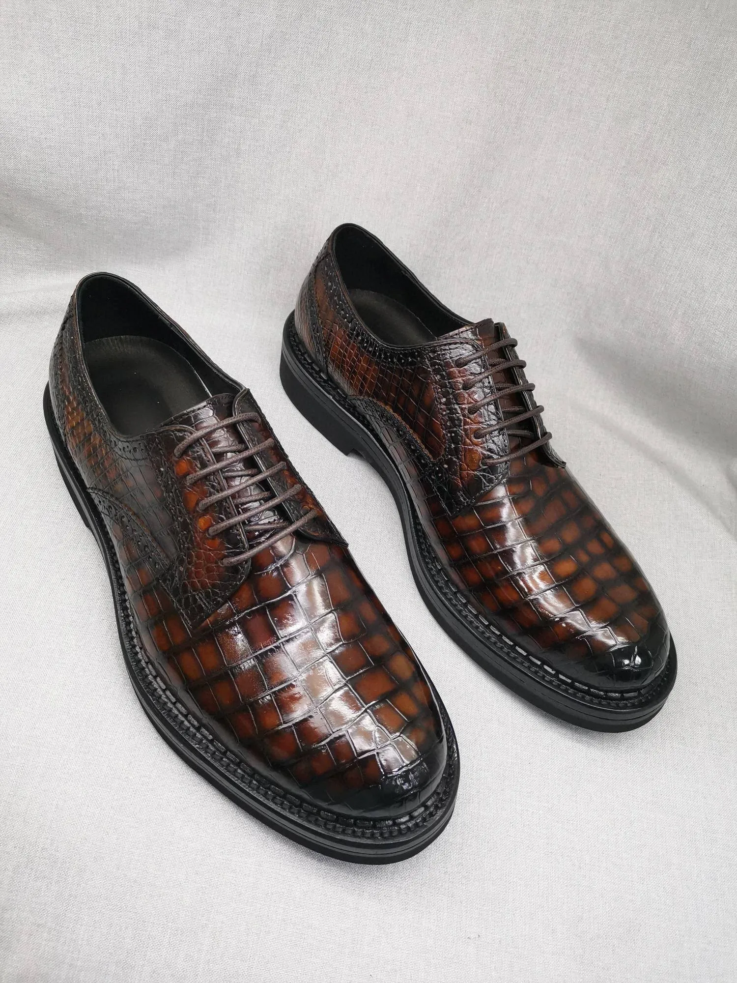 Crocodile Shoes Mens Genuine Crocodile Leather Derby Lace Up Dress Shoe Vintage Brown Foot Support Shoes Library Glow