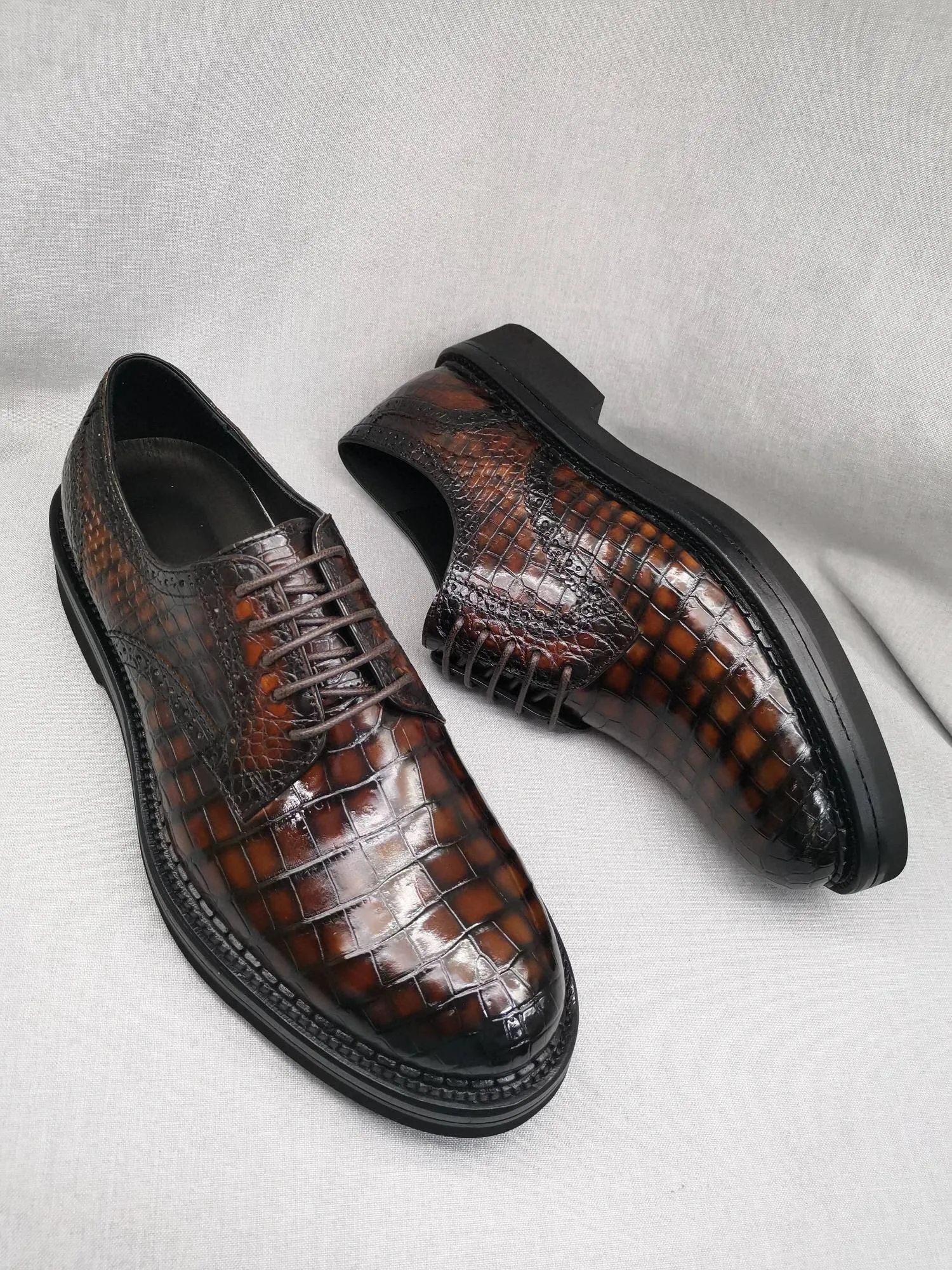 Hand Wash Toe Protection Crocodile Shoes Mens Genuine Crocodile Leather Derby Lace Up Dress Shoe Vintage Brown
