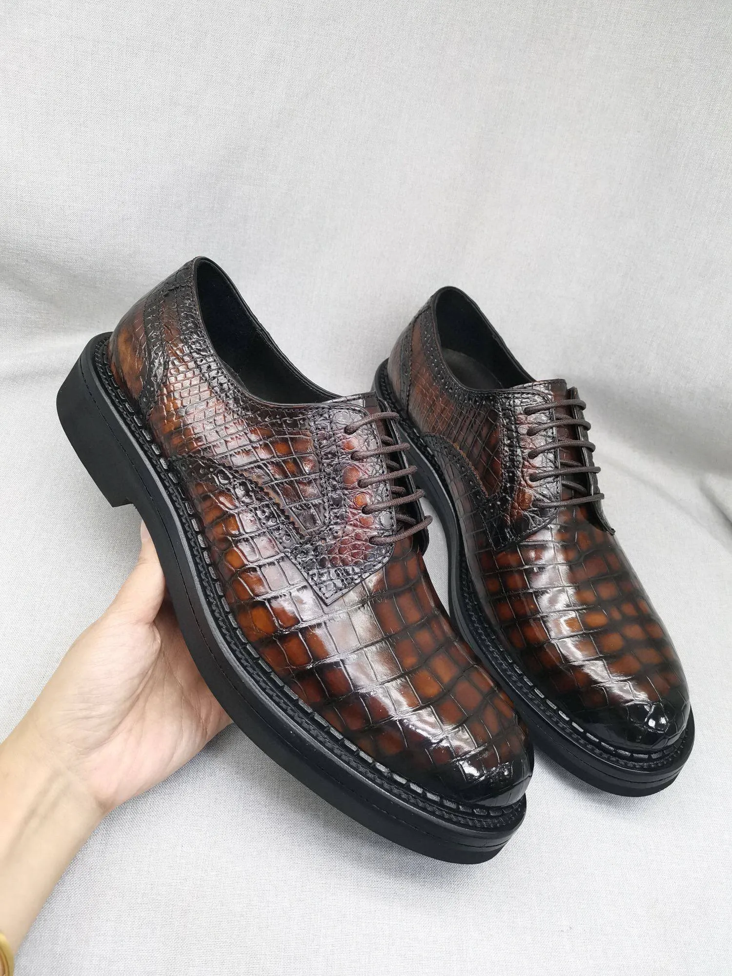 Timeless Appeal Shoes Effortless Style Crocodile Shoes Mens Genuine Crocodile Leather Derby Lace Up Dress Shoe Vintage Brown