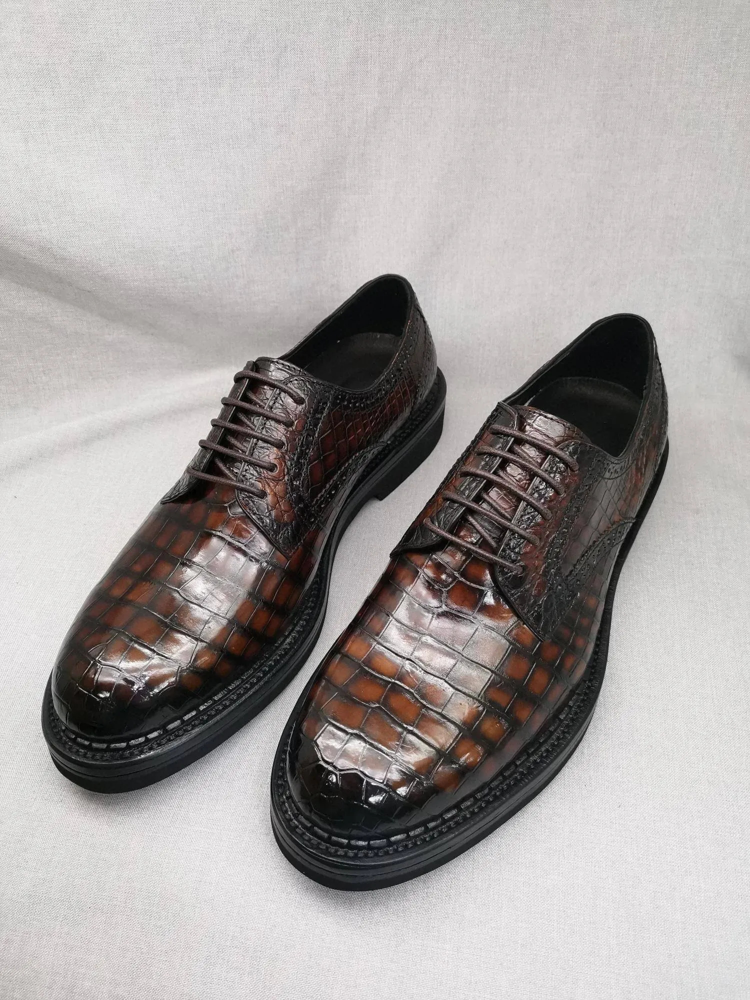 Crocodile Shoes Mens Genuine Crocodile Leather Derby Lace Up Dress Shoe Vintage Brown Fashion-forward style Effortless Comfort