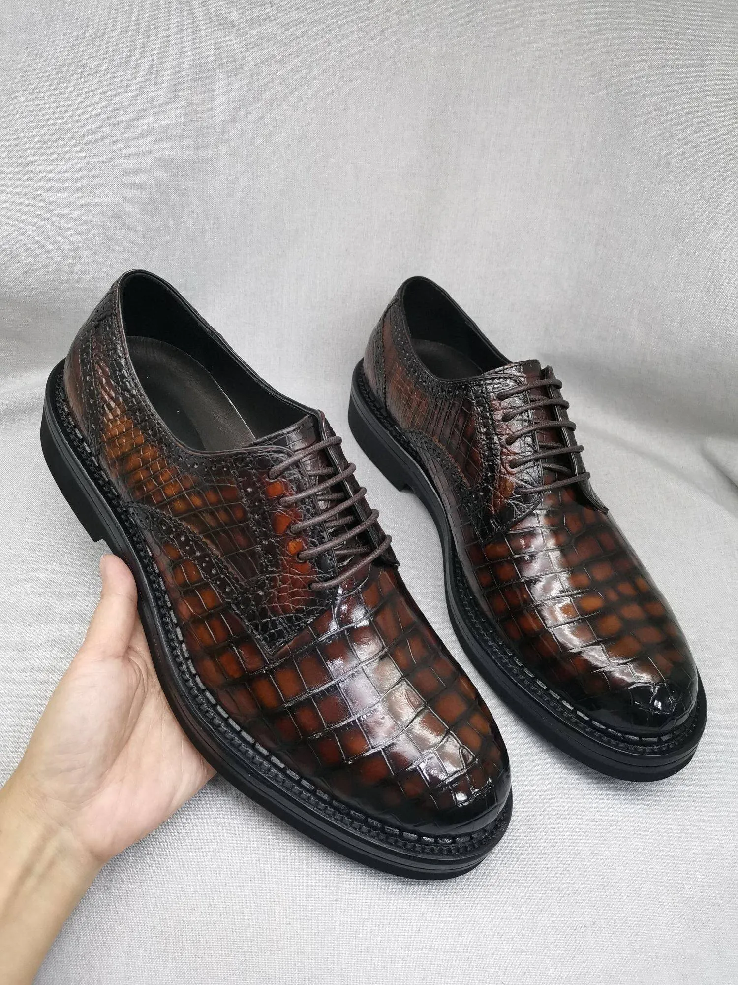 Crocodile Shoes Mens Genuine Crocodile Leather Derby Lace Up Dress Shoe Vintage Brown Street Music