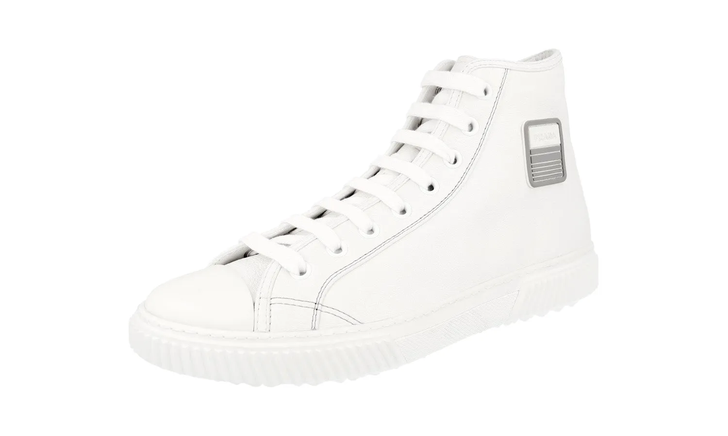 Contemporary Fit Prada Men's White Leather Stratus High-Top Sneaker 4T3218