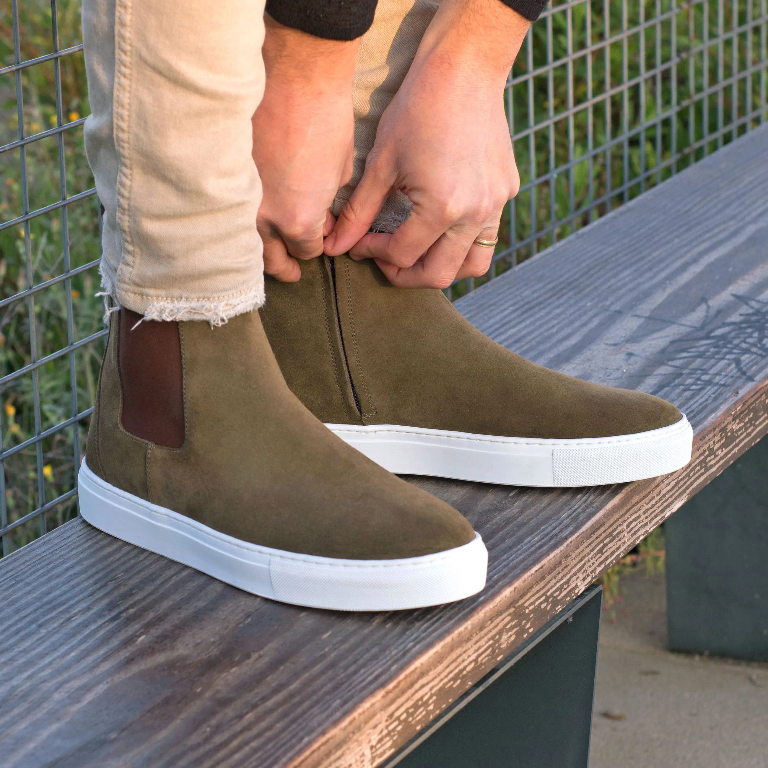 Khaki Suede Chelsea Sneaker Boots Travel Ready Comfy Urban Style