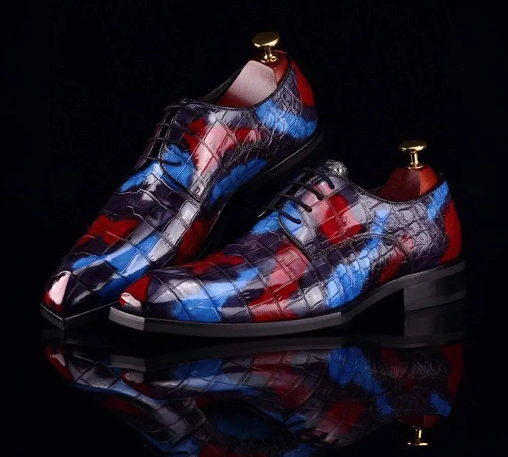 Sea Breeze Sleek Construction Crocodile Shoes Mens Multi Color Square Toe Lace Up Genuine Crocodile Leather Dress Shoe