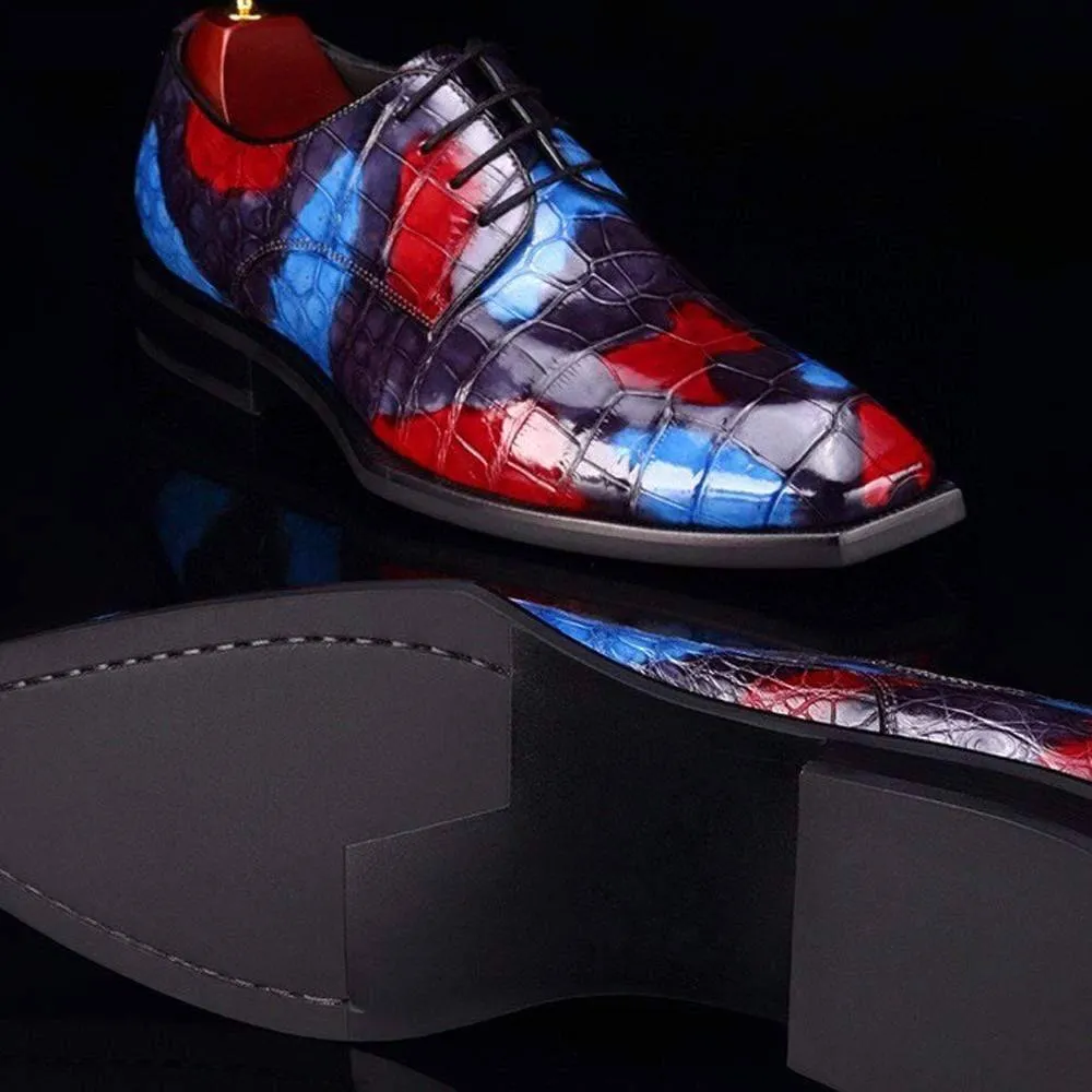 Airport Style City Fresh Crocodile Shoes Mens Multi Color Square Toe Lace Up Genuine Crocodile Leather Dress Shoe