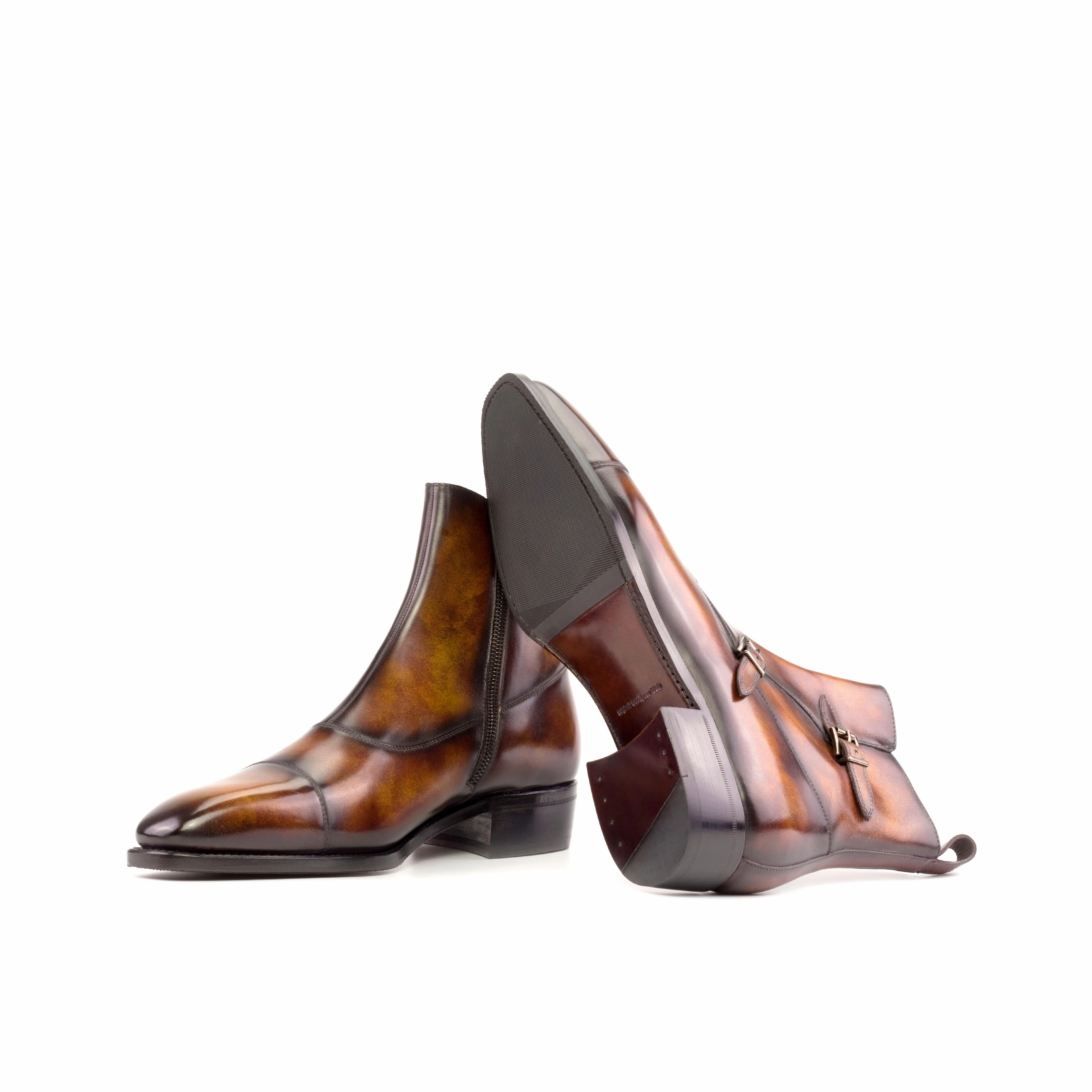 Travel Ready Clean Cut Fire Patina Leather Double Monk Boots