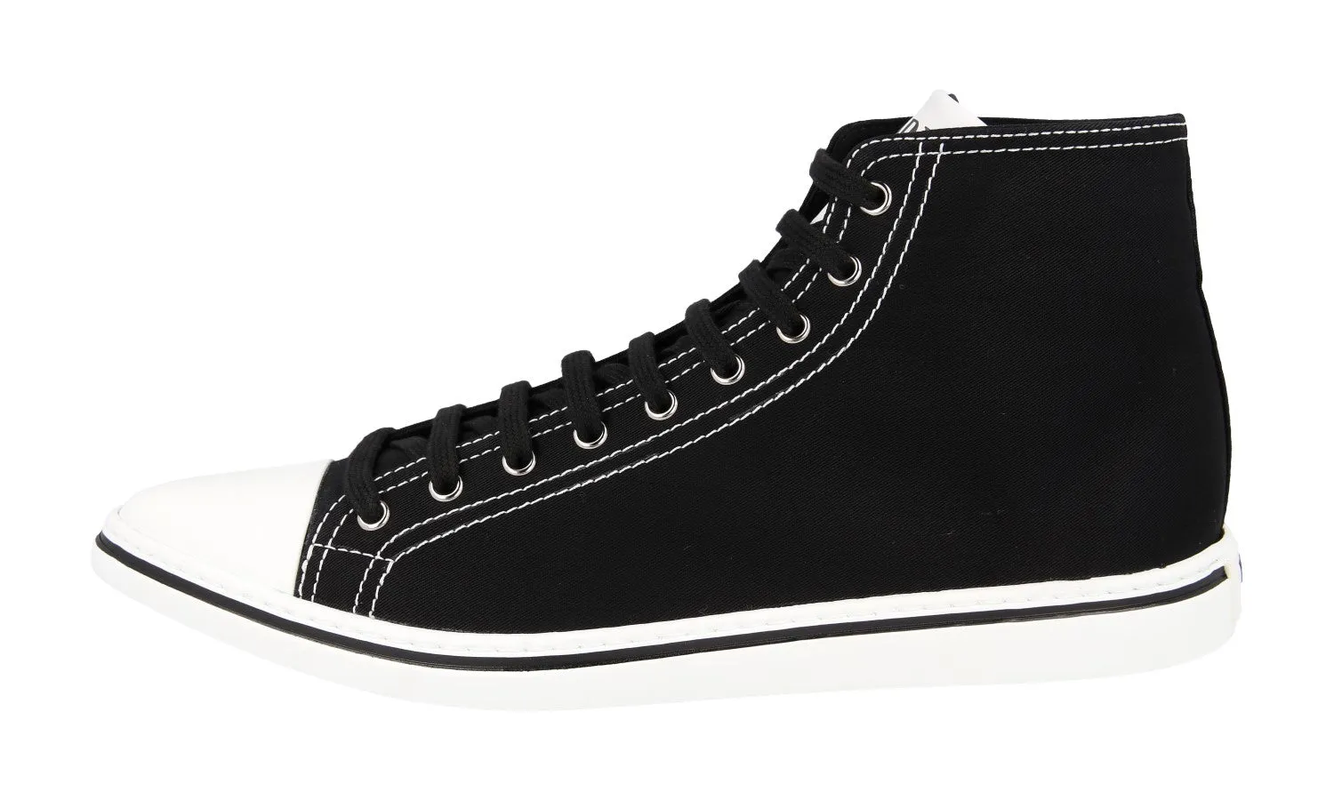 Woven Reinforcement Sustainable Sole Construction Prada Men's Black Synthesis Pointy Pointed Toe High-Top Sneaker 2TG177