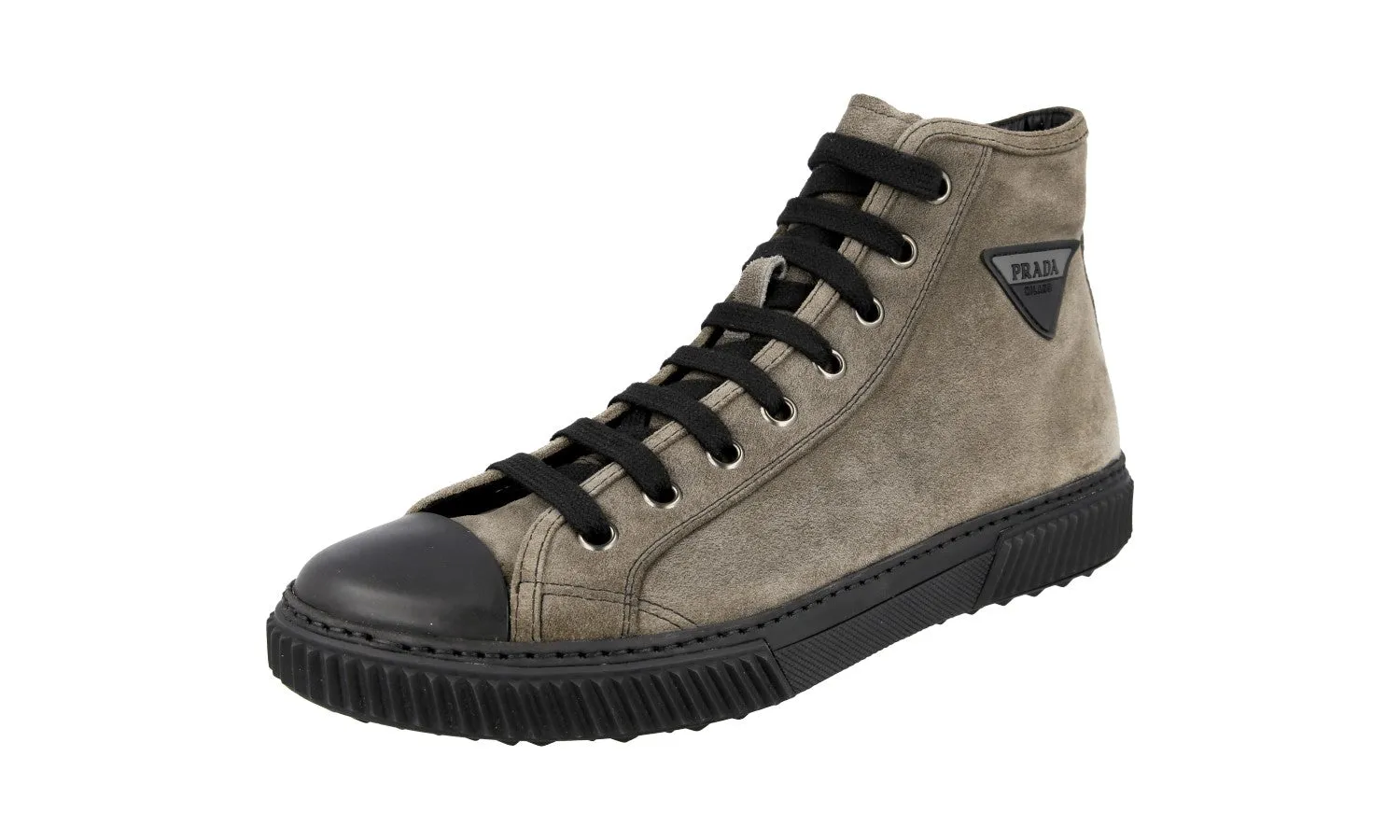 Prada Men's Grey Leather Stratus High-Top Sneaker 4T3306 Layered Comfort Air Ventilation