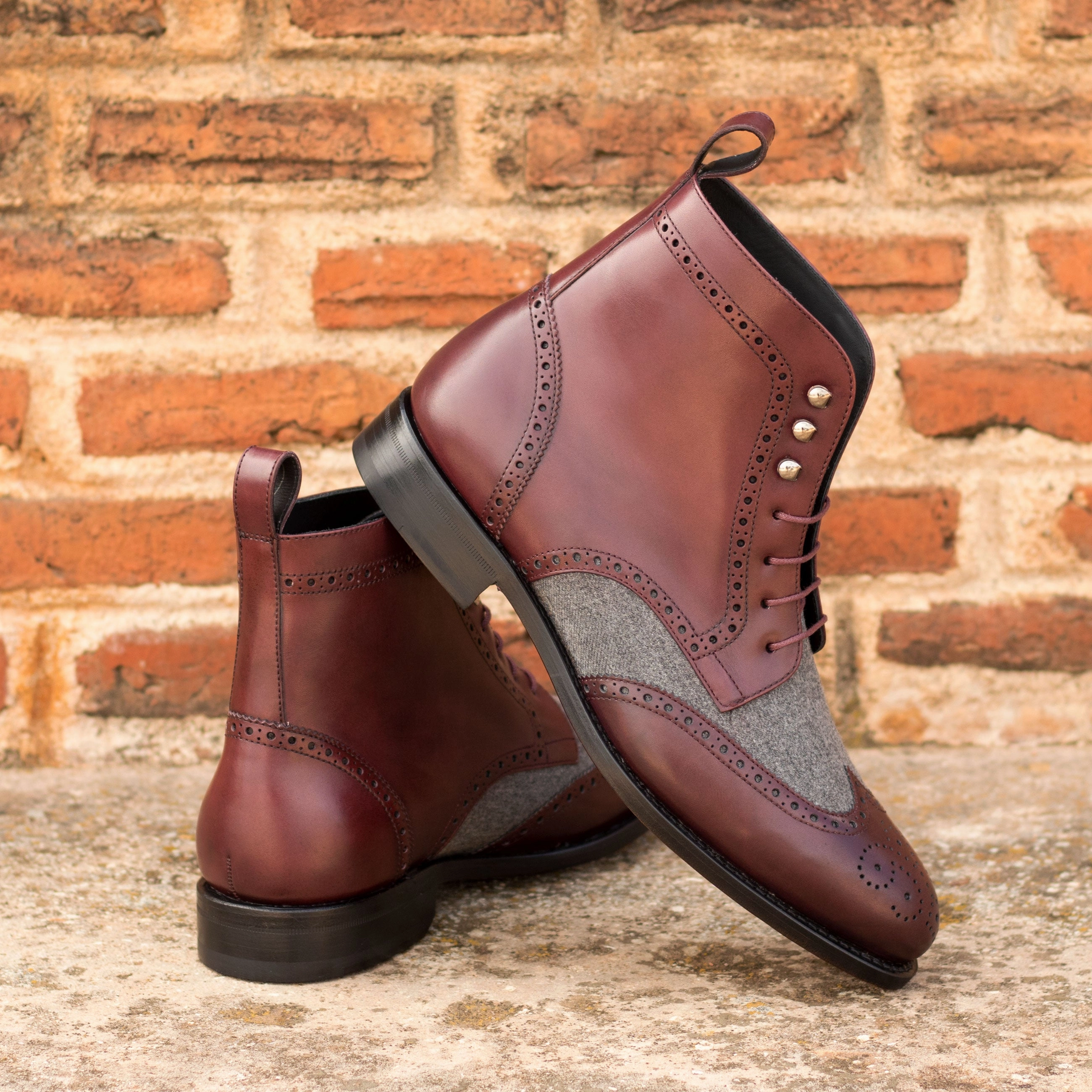 Burgundy Calf Leather & Light Grey Flannel Brogue Boots Round Toe