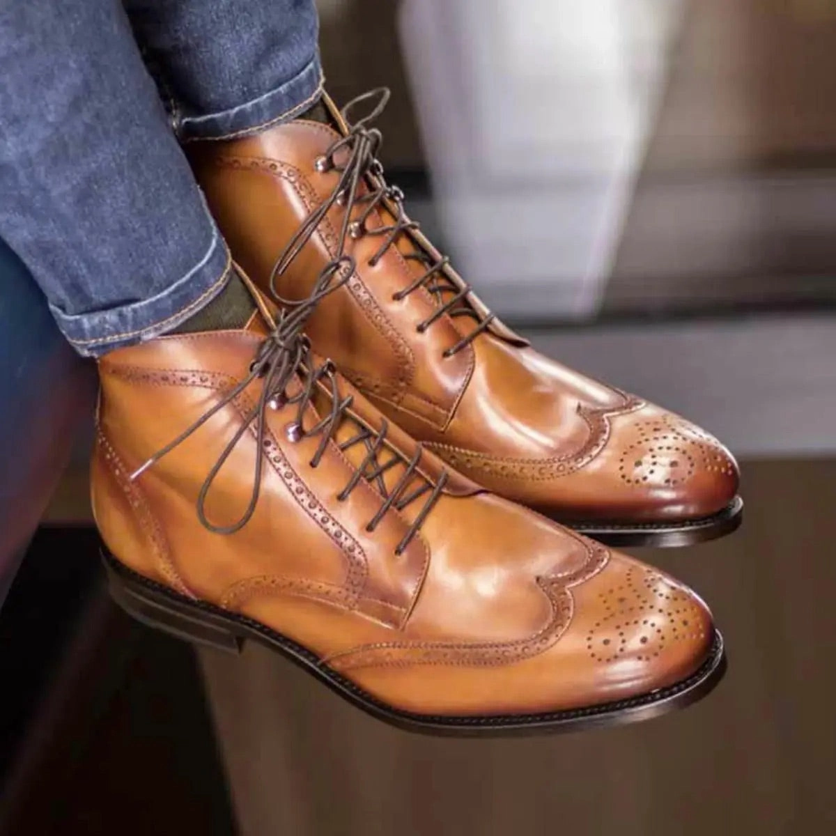 Cognac Calf Leather Brogue Boots High   Performance
