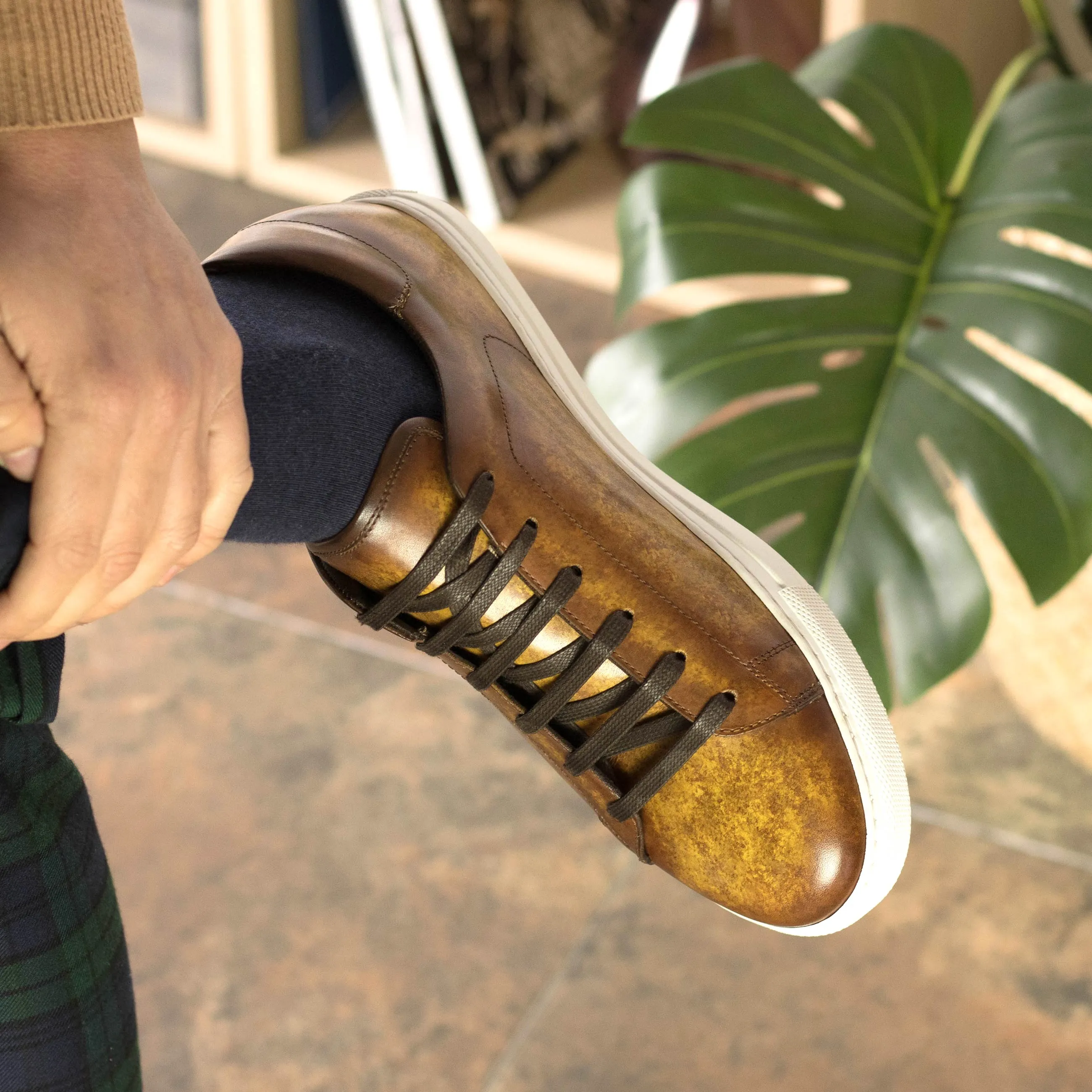 Cognac Patina Leather Trainers Outdoor Fit