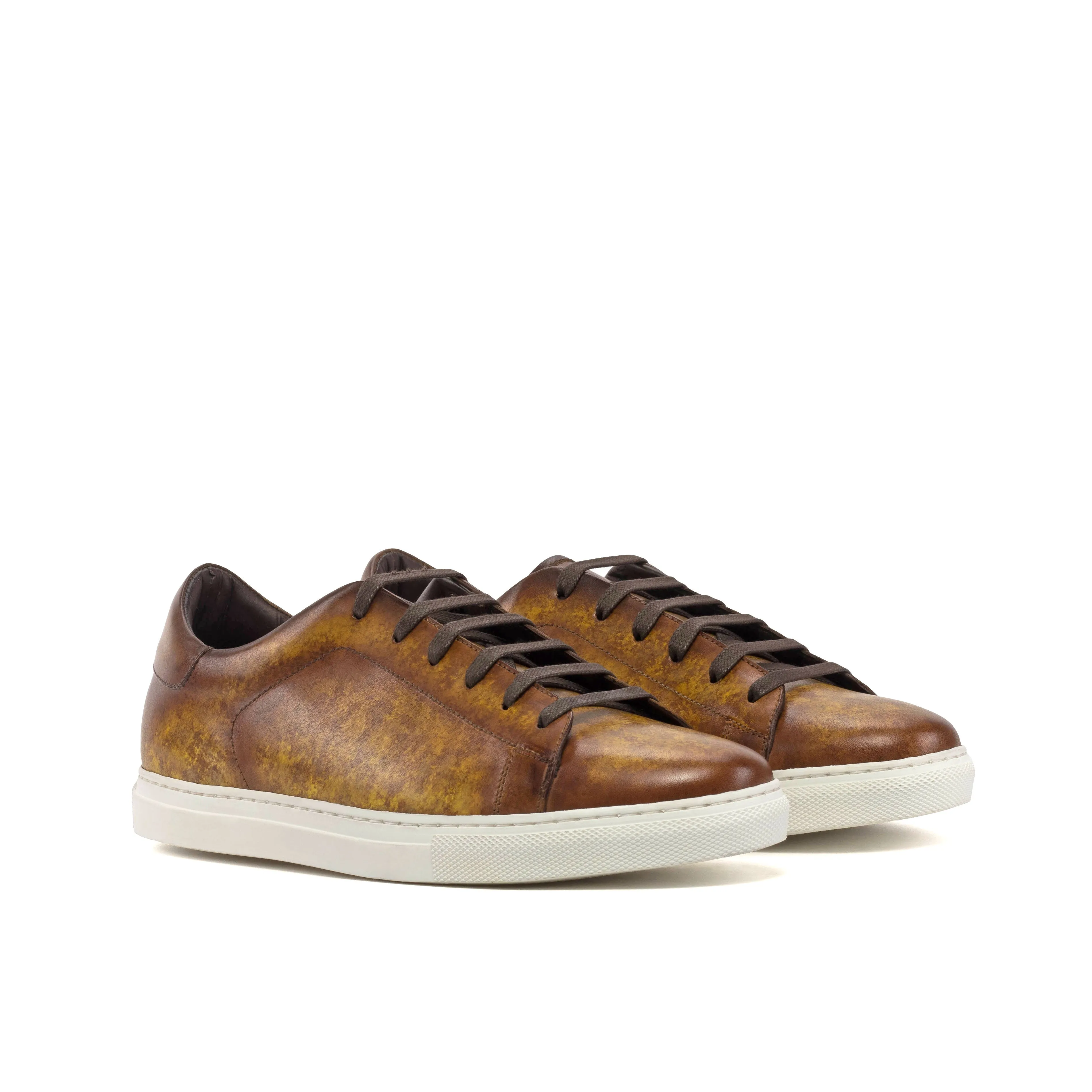 Cognac Patina Leather Trainers Oversized Tongue Breathable Outsole