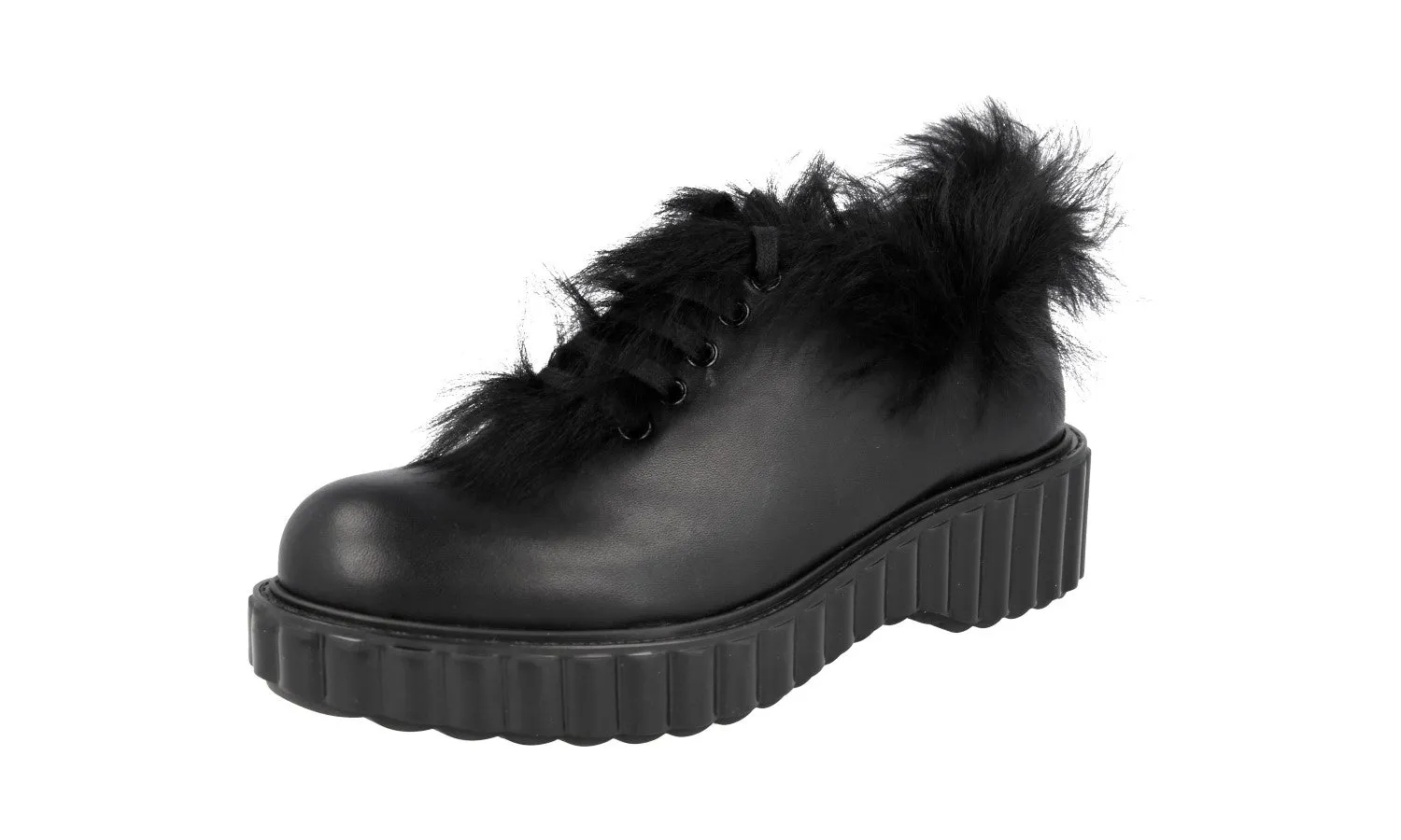 Prada Women's Black welt-sewn Leather Lace-up Shoes 1E867H French Edge Style Update