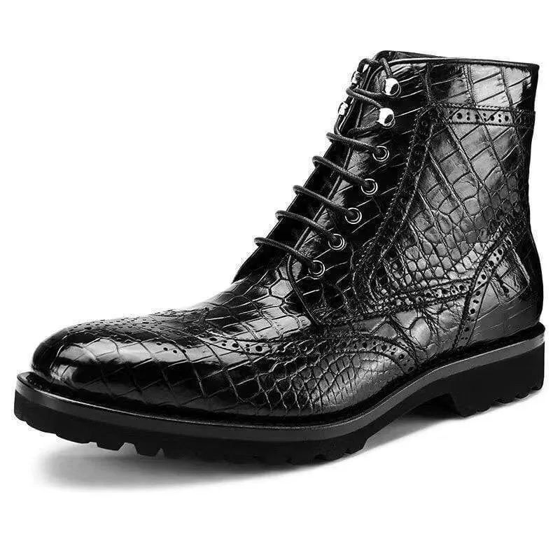 High-Quality Craft Stylish Padding Crocodile Shoes Crocodile Leather Wingtip Lace Up Boots Black