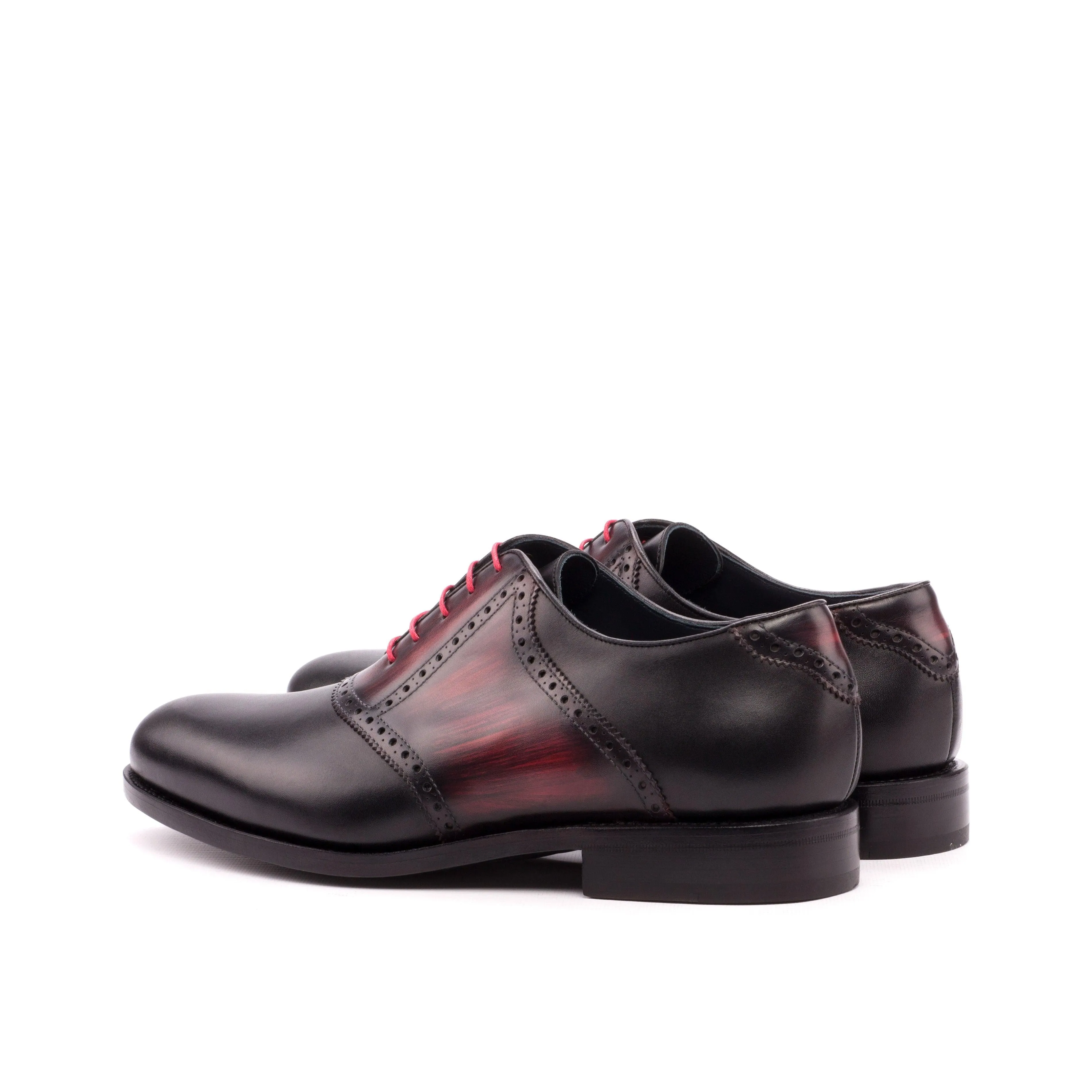 Black Calf Leather & Burgundy Patina Saddle Shoes Seamless Stitching Posture Focus