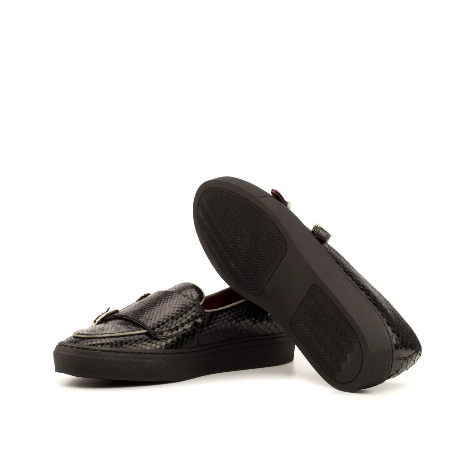 solid colored shoes Lightweight Black Python Double-Monk Sneakers