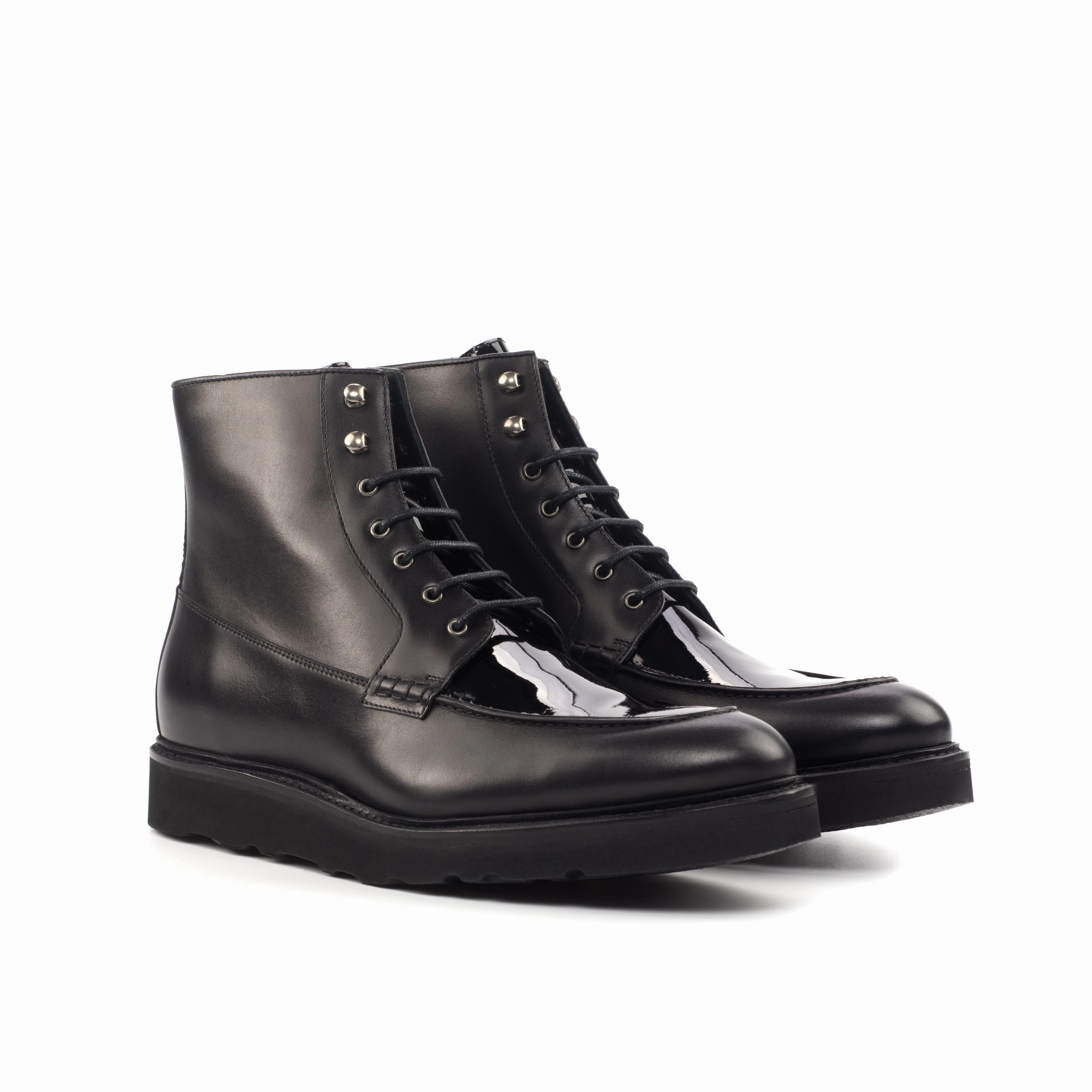 Black Box-Calf & Patent Leather Moc-Toe Boots Elastic Collar Warehouse Work