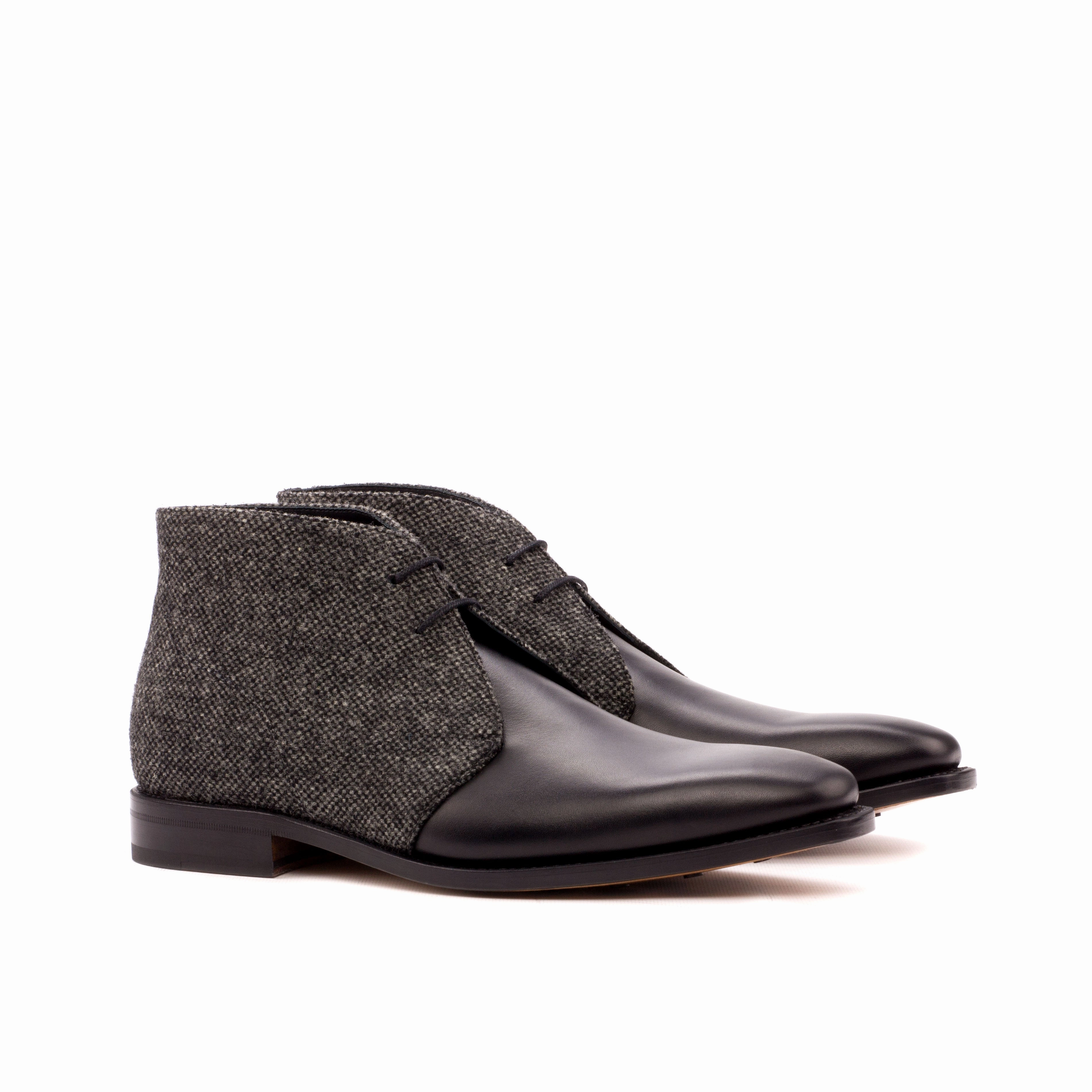 Black Calf Leather & Grey Fabric Chukka Boots Soft Interior