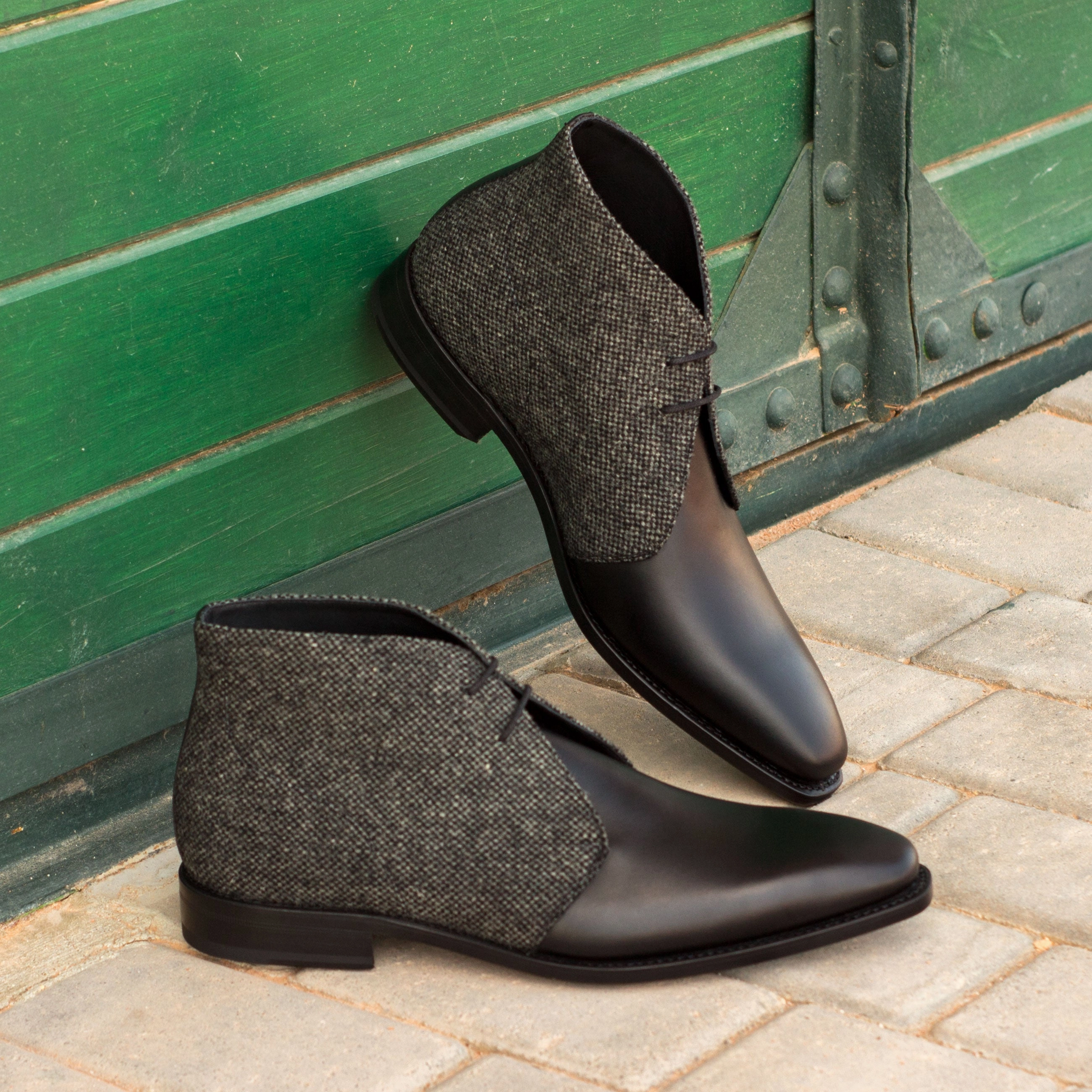 Leopard Tone Black Calf Leather & Grey Fabric Chukka Boots