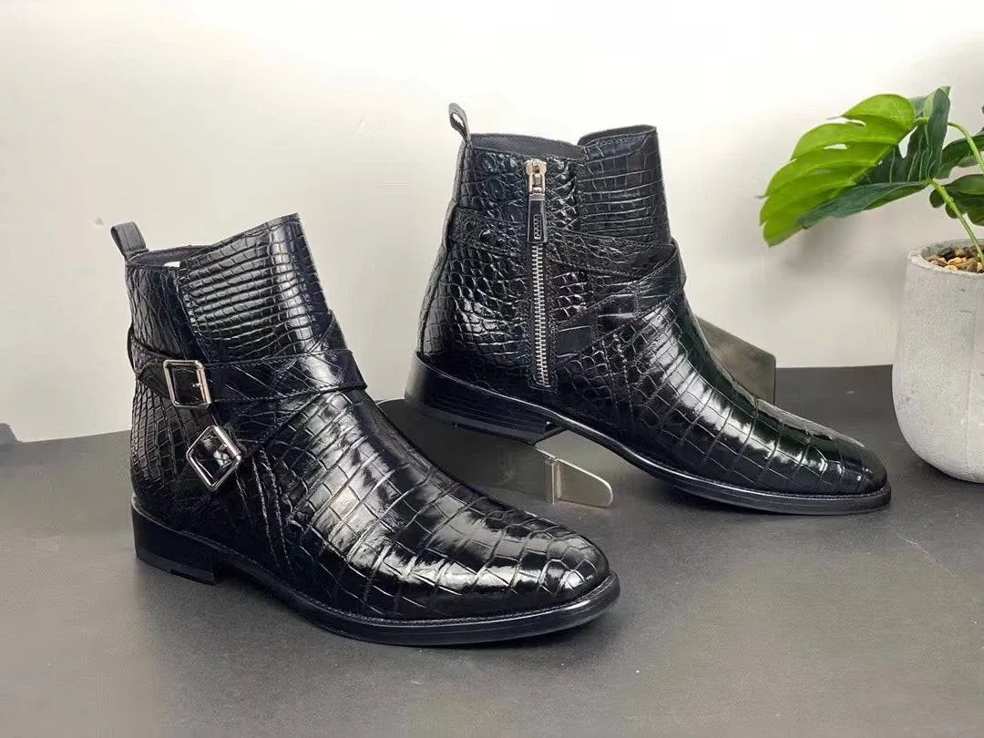 Crocodile Shoes Men's Crocodile Leather Lace-Up Boots Air Cushioning