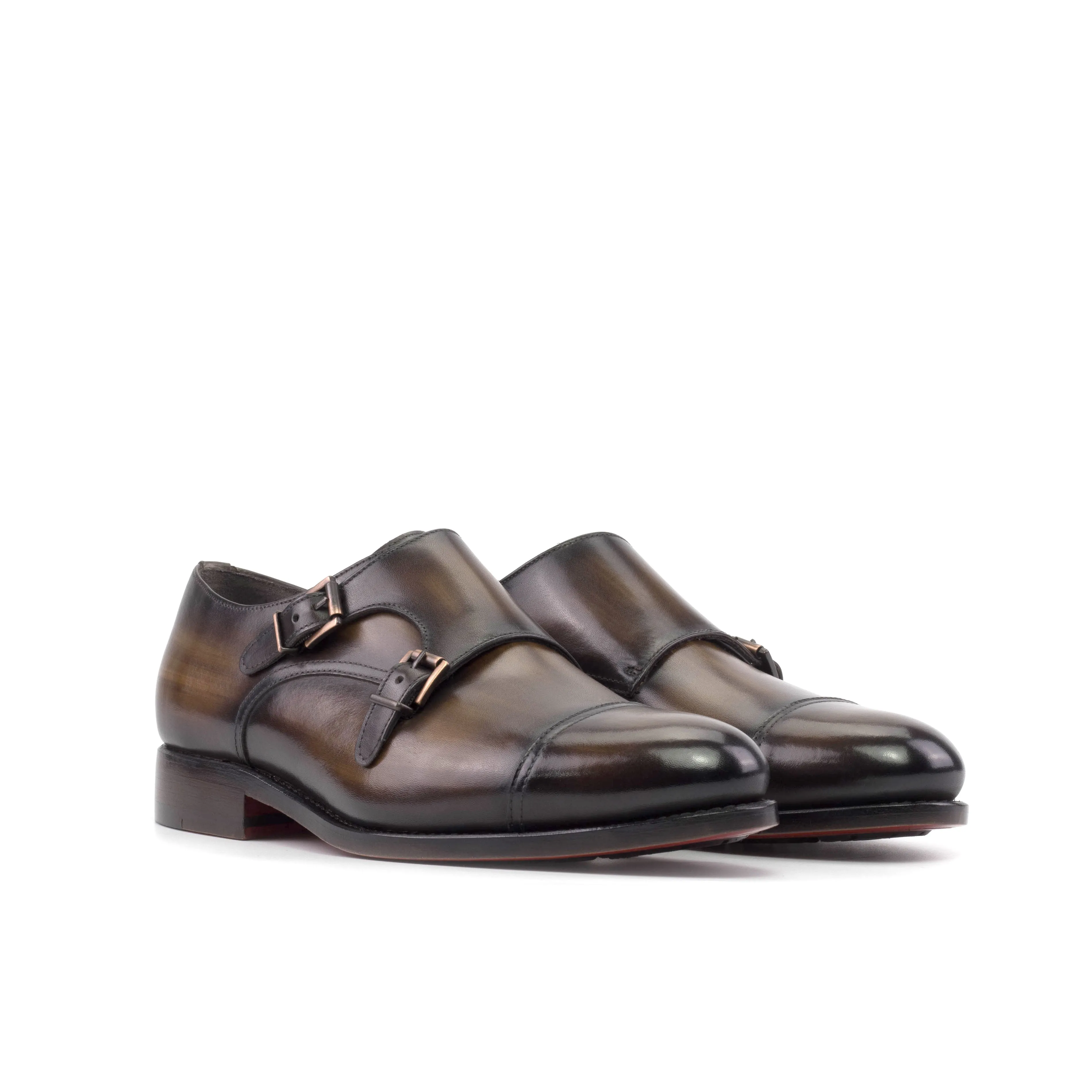 Dark color Brown Patina Double Monk Shoes