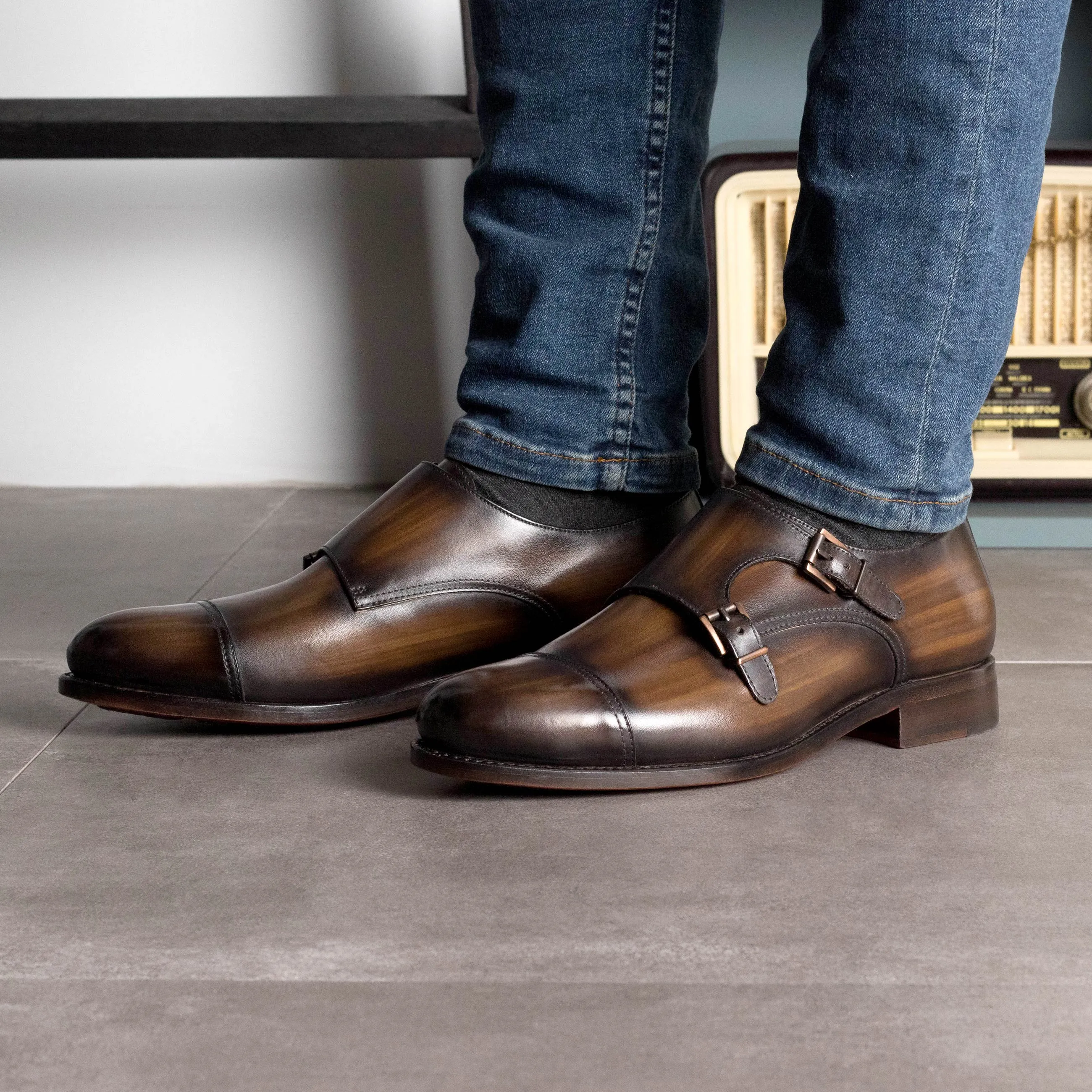 Brown Patina Double Monk Shoes Refined Casual