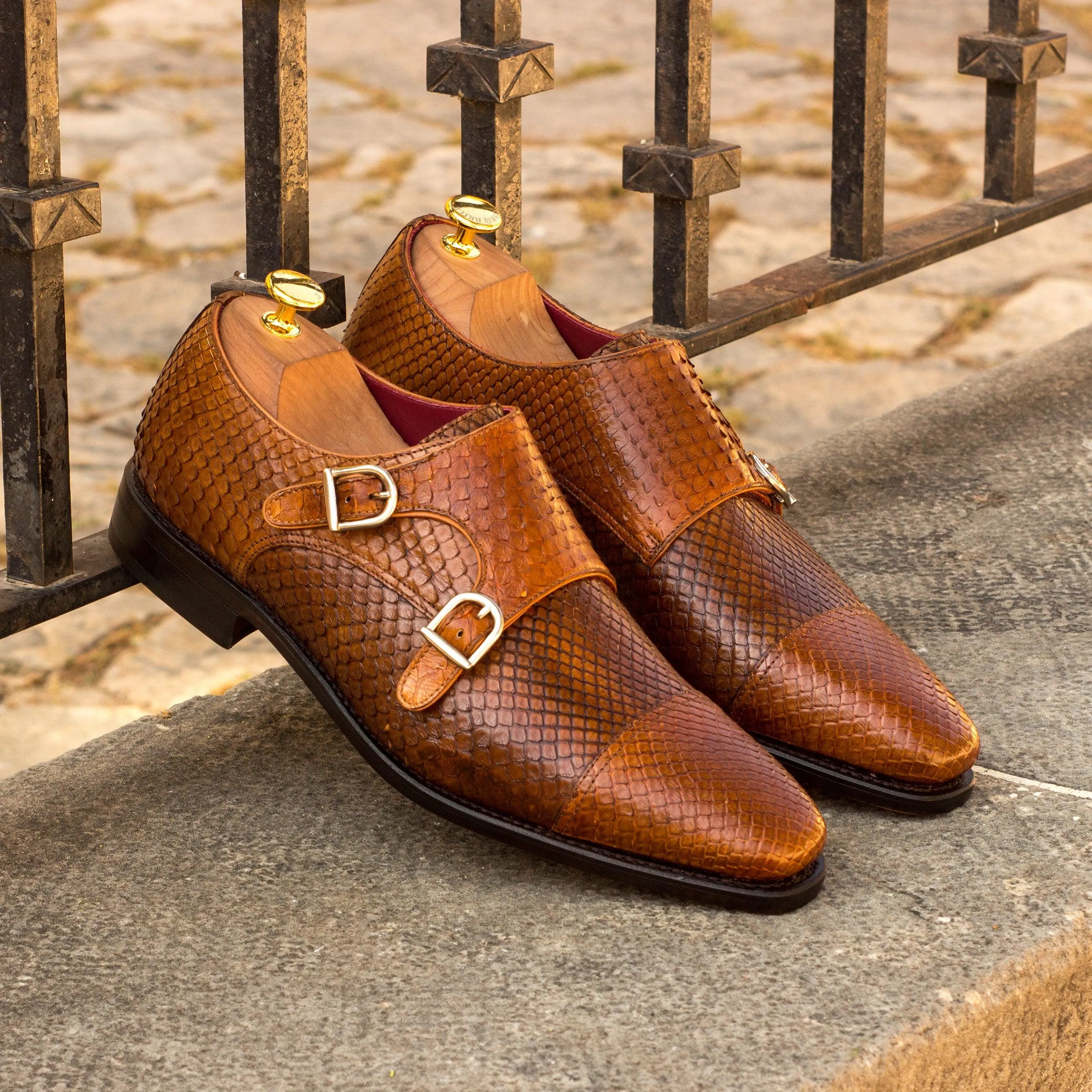 Brown Python Double-Monk Shoes Simple Cut Creative Office