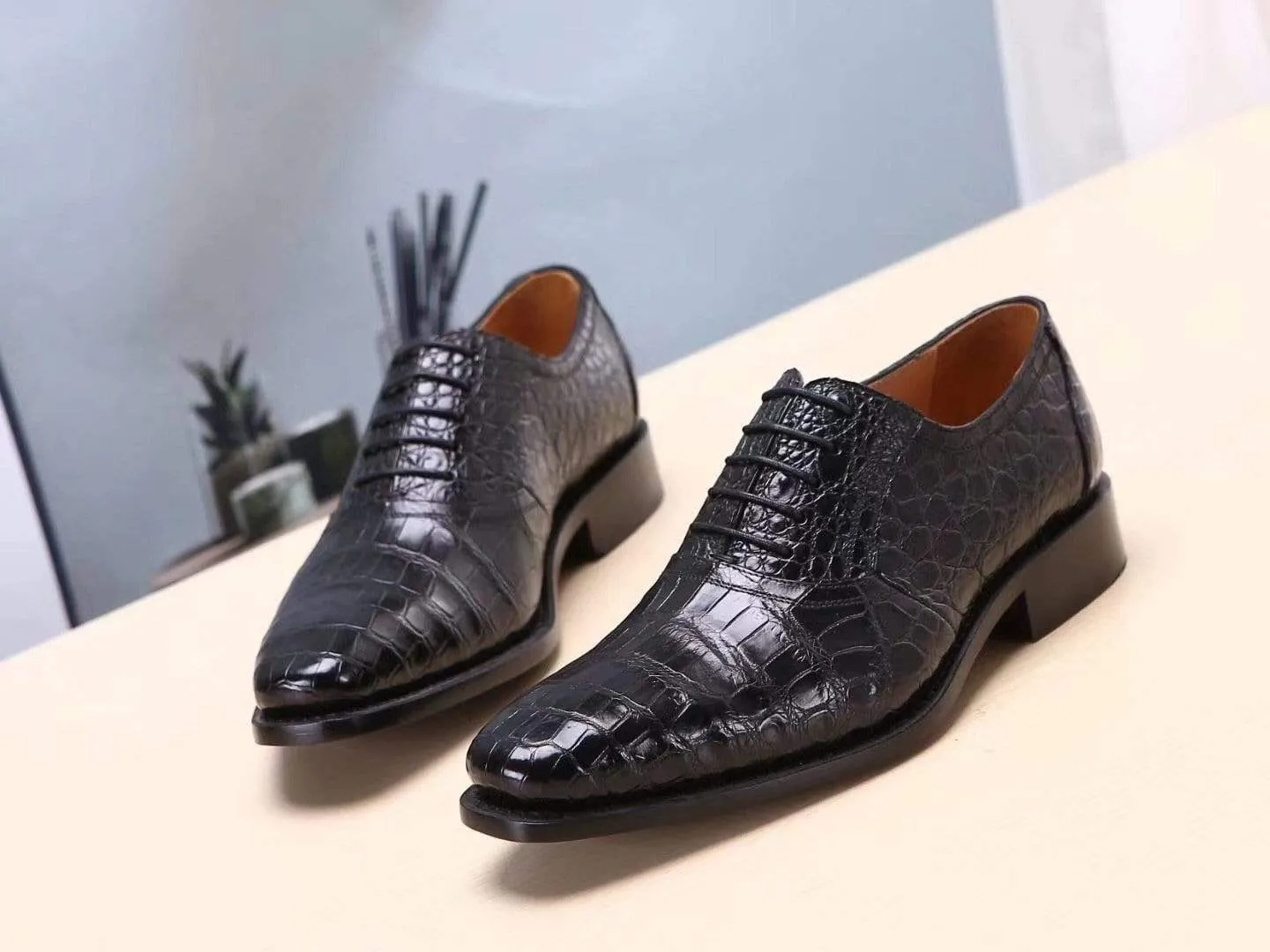 Wide Sole Crocodile Shoes Black Men's  Crocodile Belly Leather  Lace Ups Shoes- Men's Dress Shoe,Goodyear Sole